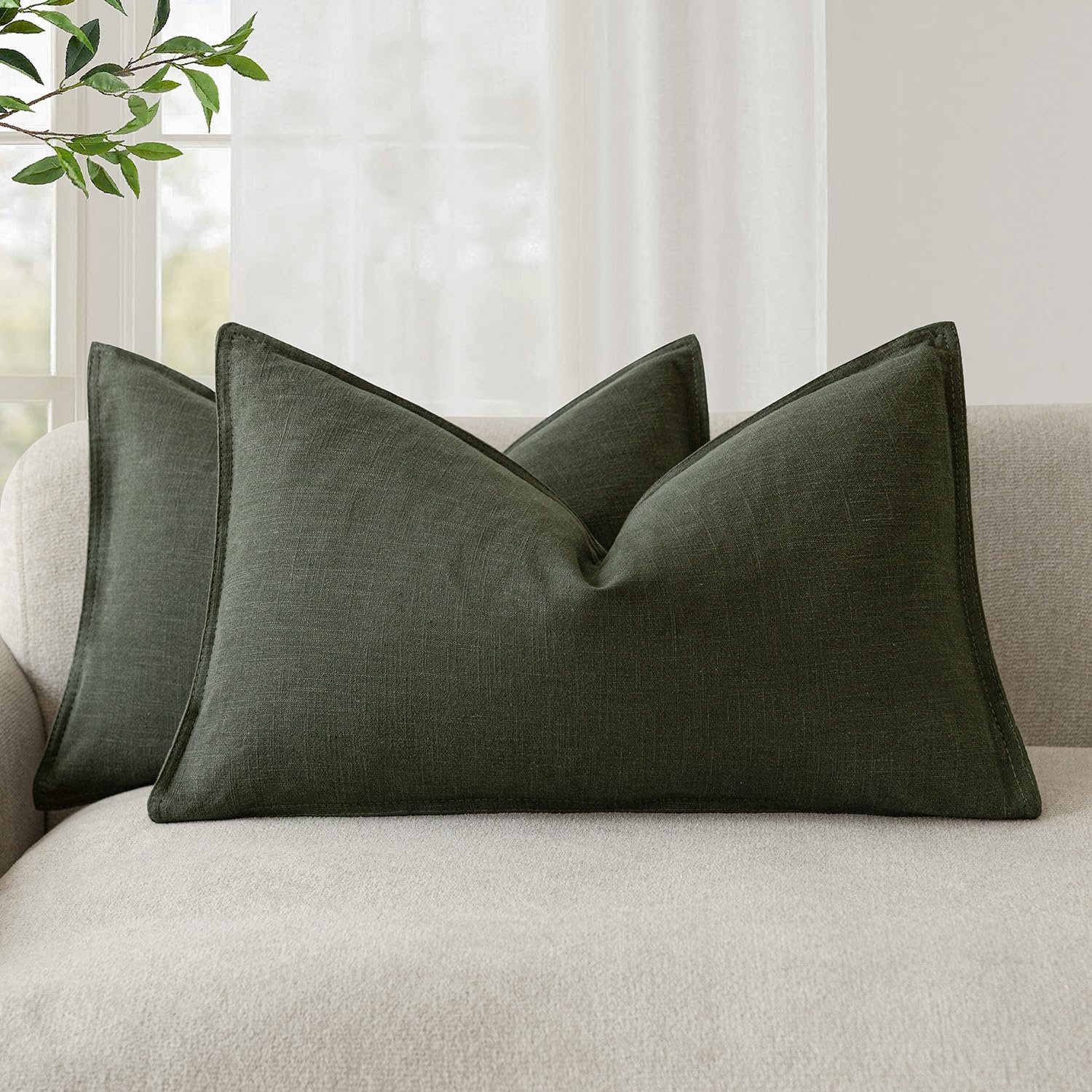 Foindtower Pack of 2, Decorative Linen Soild Throw Pillow Covers Soft Accent Cushion Case Boho Farmhouse Neutral Pillowcase for Couch Sofa Bedroom Living Room Home Decor 20 x 20 Inch Natural Beige