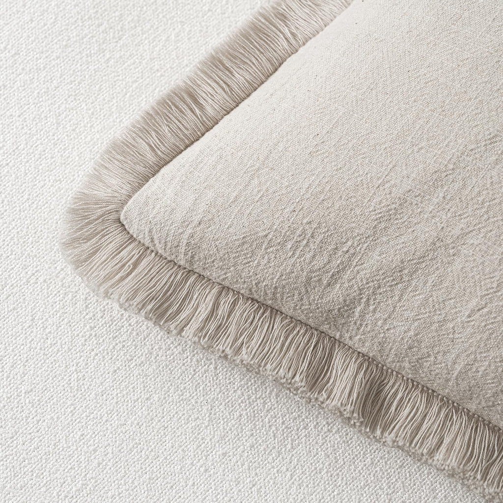 MIULEE Decorative Throw Pillow Covers Neutral Linen Fringe Throw Pillows Set of 2 Natural Beige Boho Farmhouse Cushion Cases with Tassels for Couch Sofa Bed Living Room Spring Decor 18x18 Inch