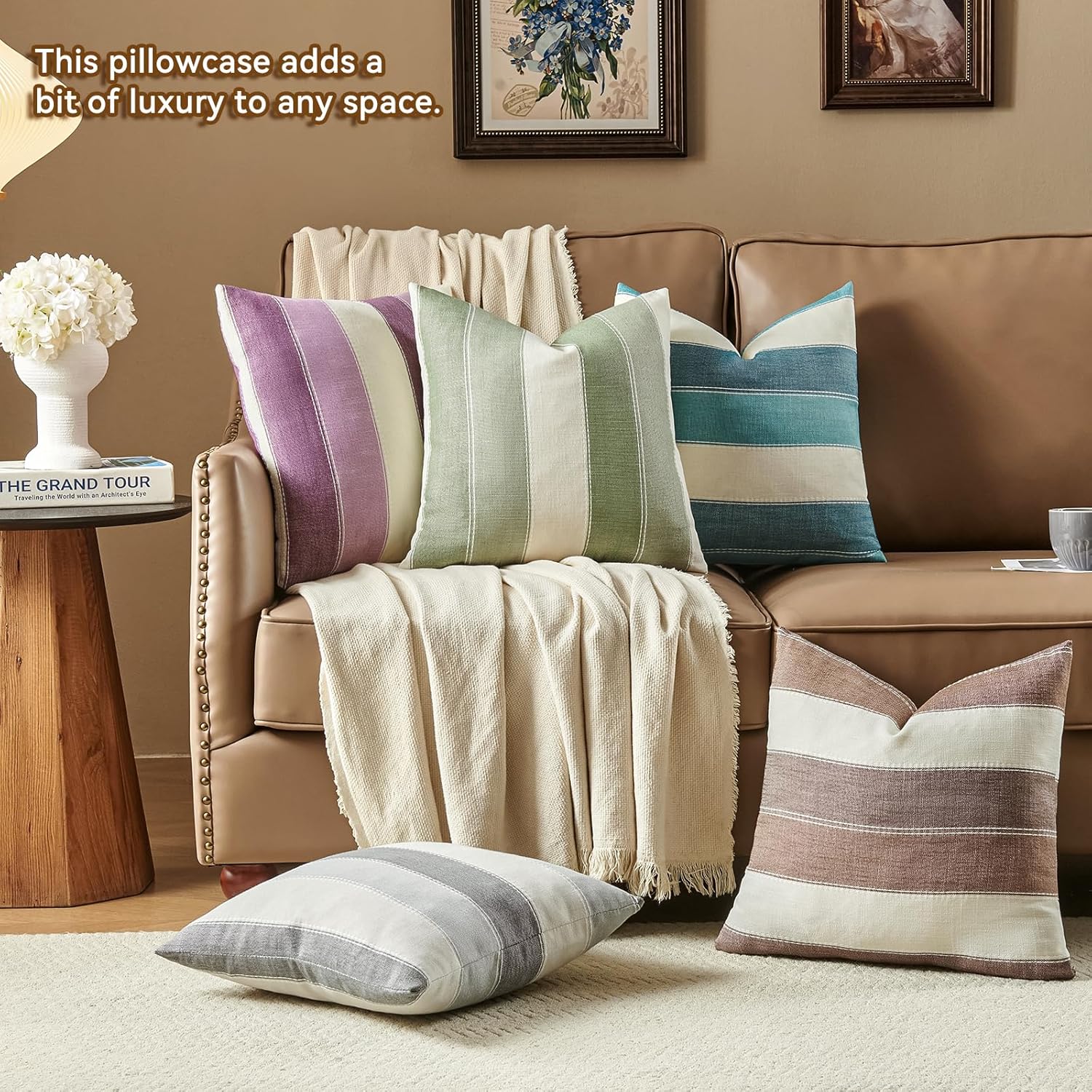 AmHoo Pack of 2 Farmhouse Stripe Check Throw Pillow Covers Set Case Cotton Linen Decorative Pillowcases Cushion Cover for Couch Bench Sofa 20x20 Inch Sage Green