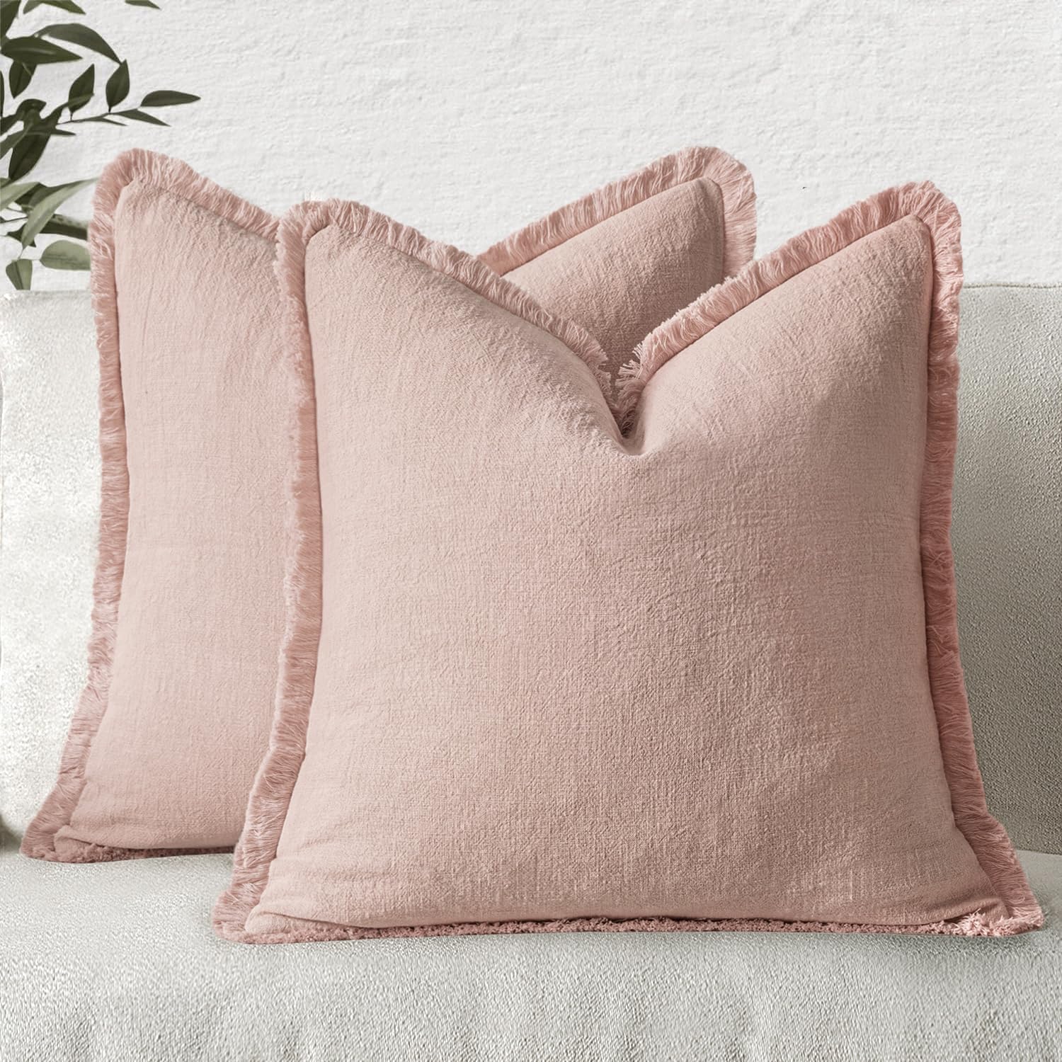 MIULEE Decorative Throw Pillow Covers Neutral Linen Fringe Throw Pillows Set of 2 Natural Beige Boho Farmhouse Cushion Cases with Tassels for Couch Sofa Bed Living Room Spring Decor 18x18 Inch