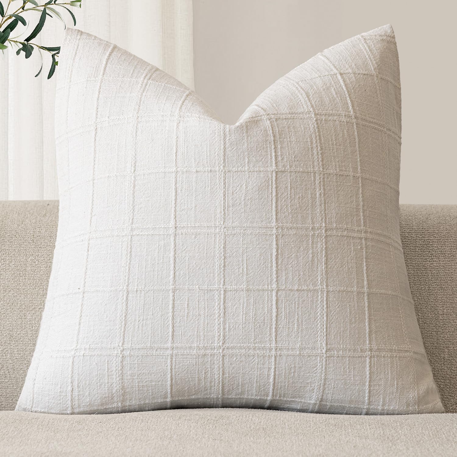 Foindtower Set of 1 Decorative Linen Check Throw Pillow Cover Neutral Farmhouse Lumbar Cushion Cover Modern Boho Home Decor for Sofa Chair Couch Bedroom Living Room,12×20 Inch,Natural Beige