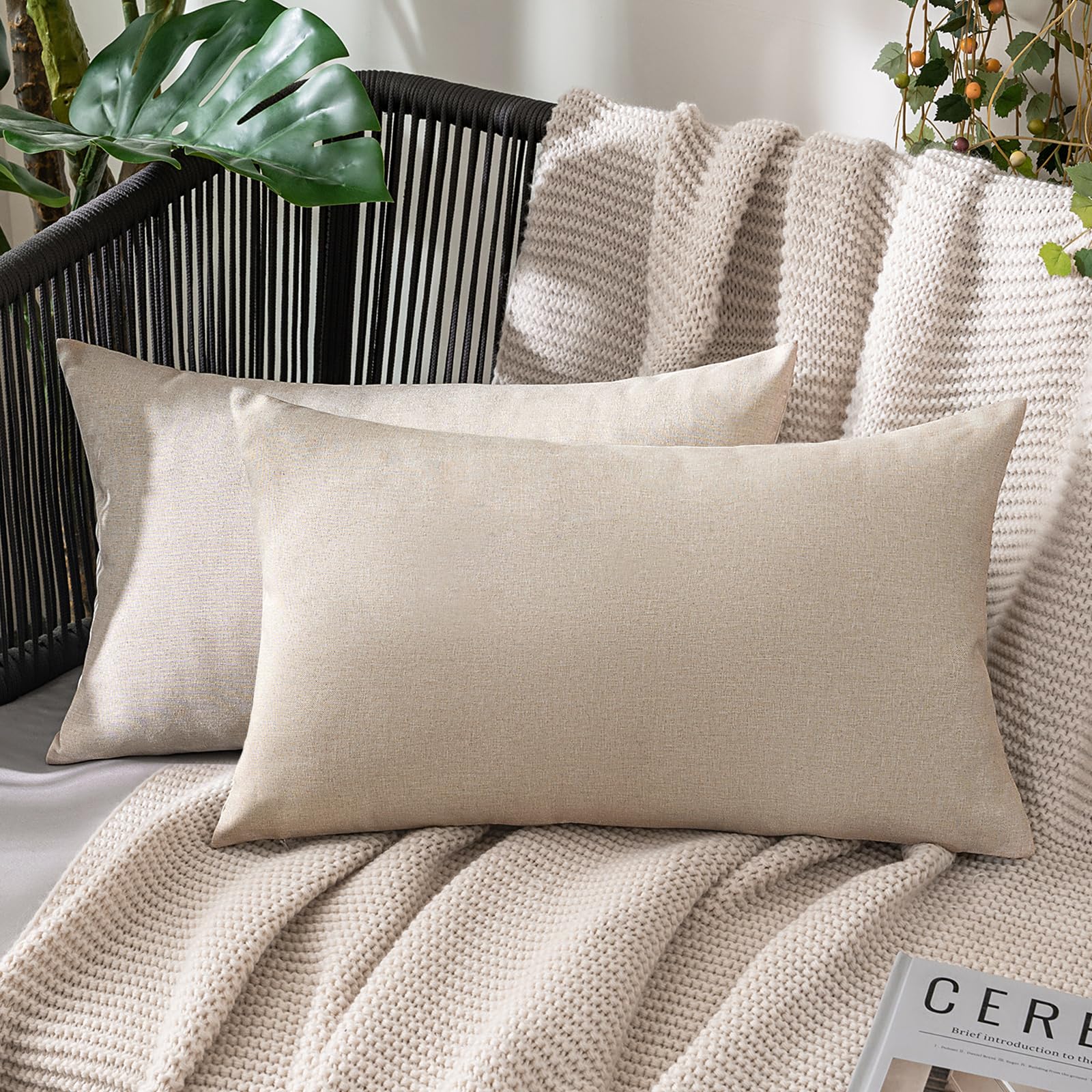 MIULEE Pack of 2 Decorative Outdoor Solid Waterproof Throw Pillow Covers Faux Linen Garden Farmhouse Cushion Cases for Patio Tent Balcony Couch Sofa 18x18 Inch Beige
