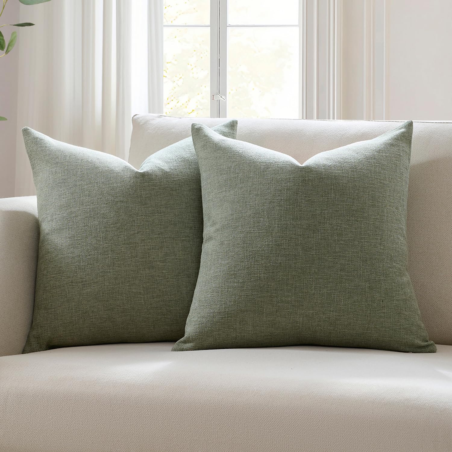 Meekio Set of 2 Ivory Throw Pillow Covers 18x18, Modern Farmhouse Linen Blend Decorative Pillow Covers for Couch Sofa Bed, Neutral Home Decor