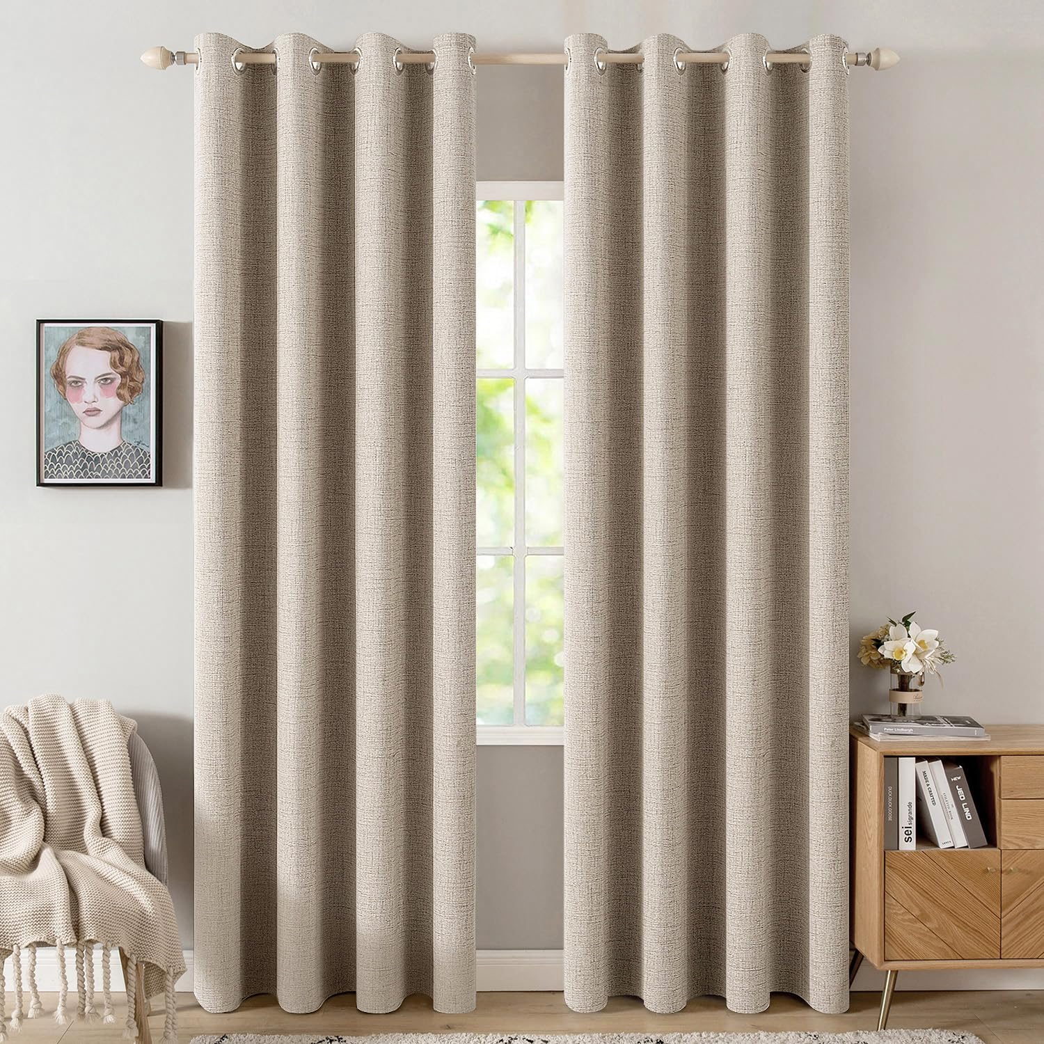 MIULEE 100% Blackout Linen Textured Curtains for Bedroom Solid Thermal Insulated Natural Beige Grommet Room Darkening Curtains & Drapes Luxury Decor for Living Room Nursery 52 x 84 Inch (2 Panels)