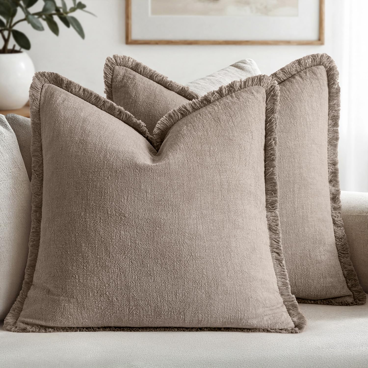 MIULEE Decorative Throw Pillow Covers Neutral Linen Fringe Throw Pillows Set of 2 Natural Beige Boho Farmhouse Cushion Cases with Tassels for Couch Sofa Bed Living Room Spring Decor 18x18 Inch