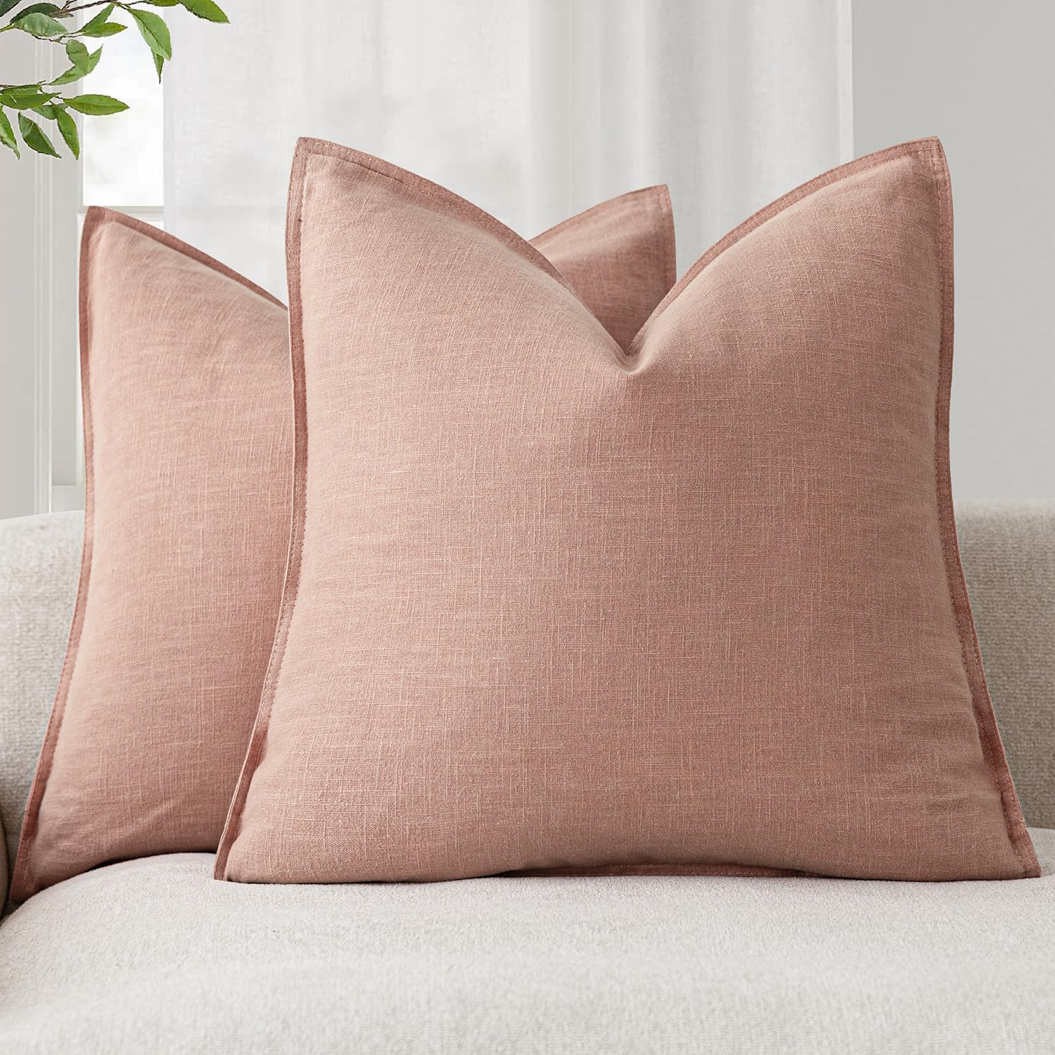 Foindtower Pack of 2, Decorative Linen Soild Throw Pillow Covers Soft Accent Cushion Case Boho Farmhouse Neutral Pillowcase for Couch Sofa Bedroom Living Room Home Decor 18 x 18 Inch Natural Beige