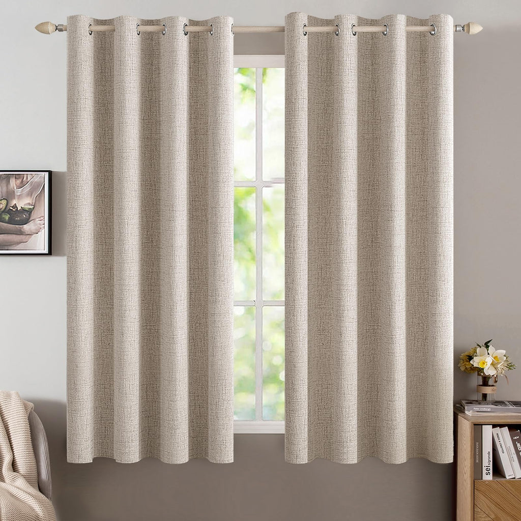 MIULEE 100% Blackout Linen Textured Curtains for Bedroom Solid Thermal Insulated Natural Beige Grommet Room Darkening Curtains & Drapes Luxury Decor for Living Room Nursery 52 x 84 Inch (2 Panels)