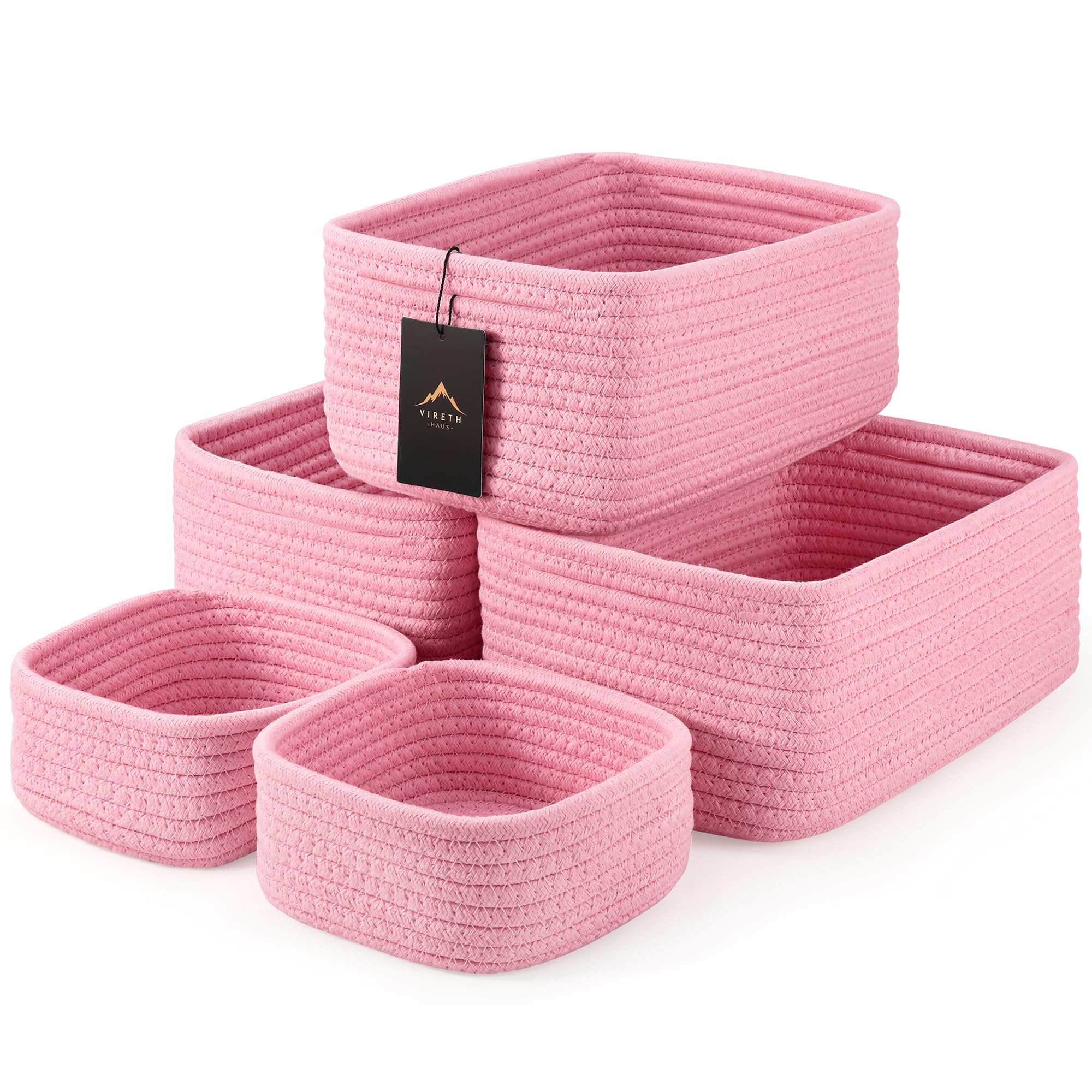 5-Pack Small Woven Rope Storage Baskets – 2 Sizes Organizer Bins for Closet, Shelf, Bookshelf, Nursery, Changing Table, Fabric Cube Boxes, Rectangular Shallow Bins for Bathroom, Toy & Home