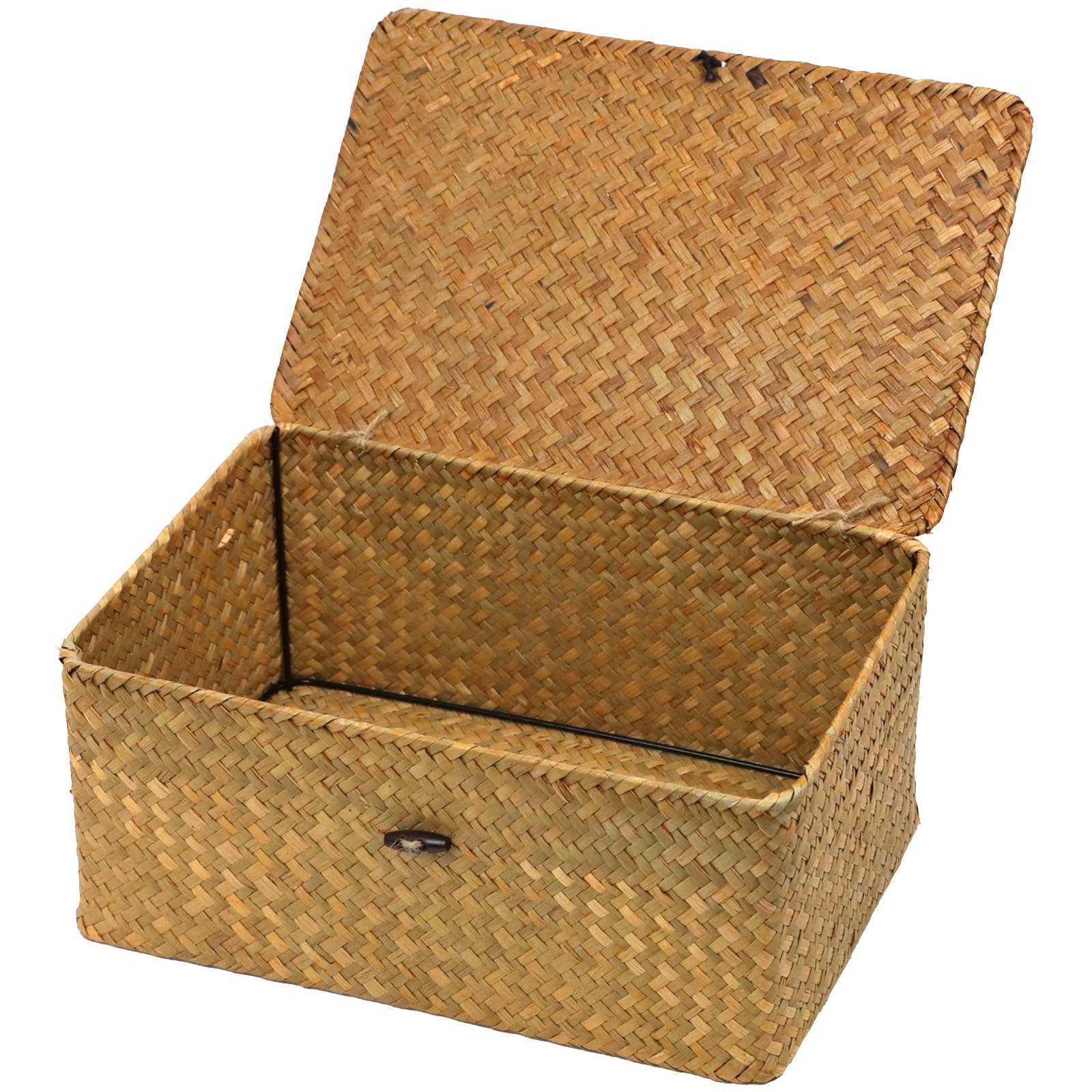 Wicker Storage Basket with Lid, Natural Seagrass Storage Baskets for Organizing, Rectangular Woven Basket for Storage, Decorative Boxes Bins with Lids Home Organizer Decor