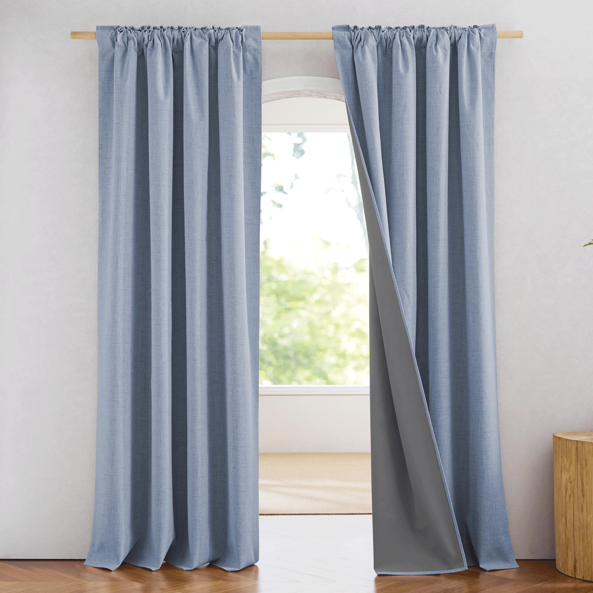 NICETOWN 100% Blackout Linen Curtains 90" Long for Bedroom, Thermal Insulated Living Room Curtains with Liner, Farmhouse Style Linen Blend Window Draperies for Dining Room (2 Panels, 52" W, Natural)