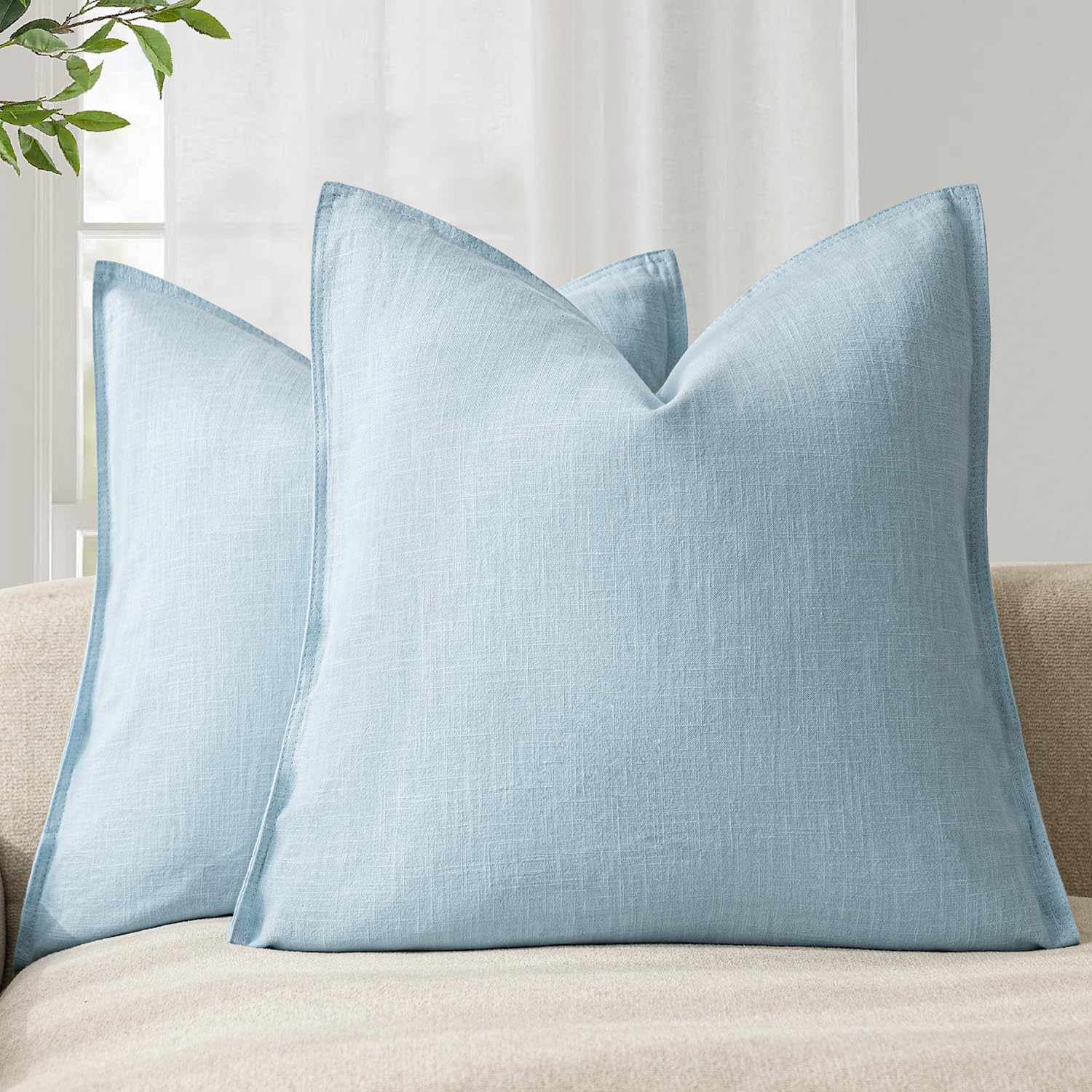 Foindtower Pack of 2, Decorative Linen Soild Throw Pillow Covers Soft Accent Cushion Case Boho Farmhouse Neutral Pillowcase for Couch Sofa Bedroom Living Room Home Decor 18 x 18 Inch Natural Beige