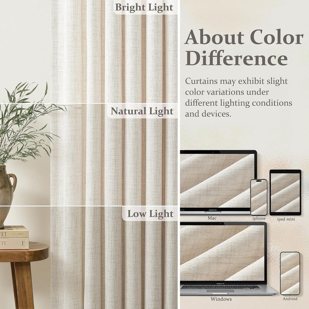 Pinch Pleated Linen 50 Inch Wide Curtains 96 Inches Long for Living Room, Memory Trained Pleat Boho Semi Sheer Birch Light Filtering Privacy Drapes 50x96 Inch Length 2 Panels Set Curtain Cream Ivory