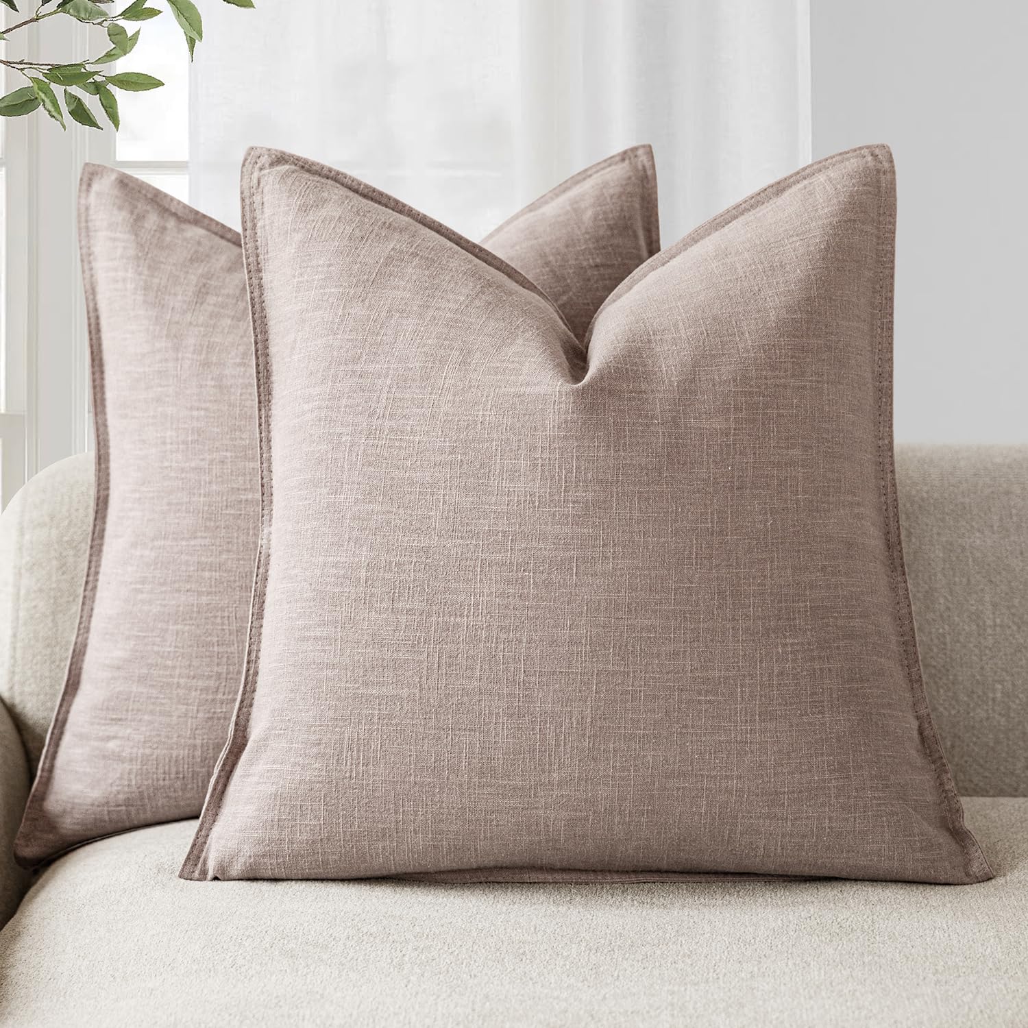 Foindtower Pack of 2, Decorative Linen Soild Throw Pillow Covers Soft Accent Cushion Case Boho Farmhouse Neutral Pillowcase for Couch Sofa Bedroom Living Room Home Decor 18 x 18 Inch Natural Beige