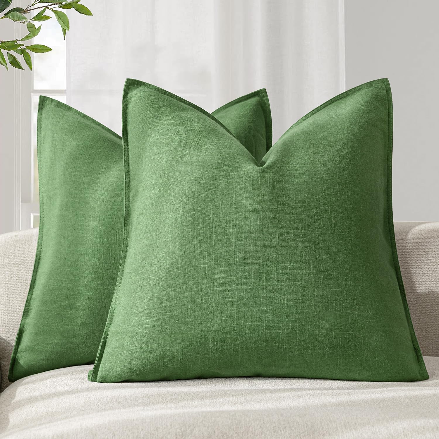 Foindtower Pack of 2, Decorative Linen Soild Throw Pillow Covers Soft Accent Cushion Case Boho Farmhouse Neutral Pillowcase for Couch Sofa Bedroom Living Room Home Decor 18 x 18 Inch Natural Beige