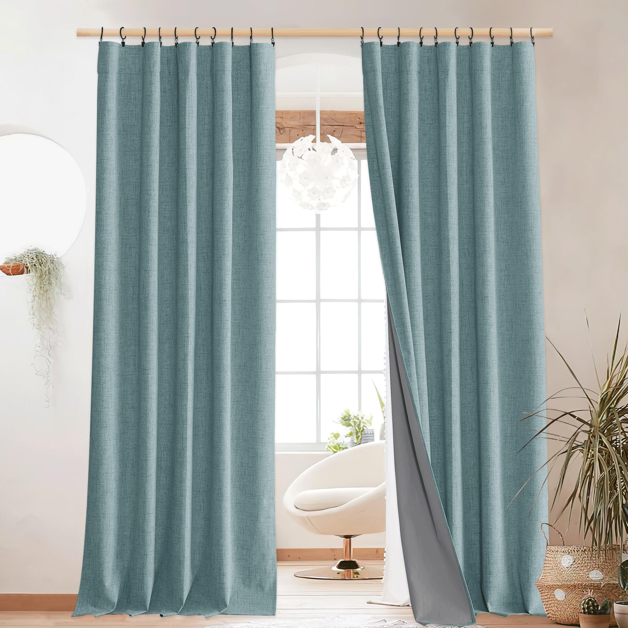 NICETOWN 100% Blackout Linen Curtains 90" Long for Bedroom, Thermal Insulated Living Room Curtains with Liner, Farmhouse Style Linen Blend Window Draperies for Dining Room (2 Panels, 52" W, Natural)