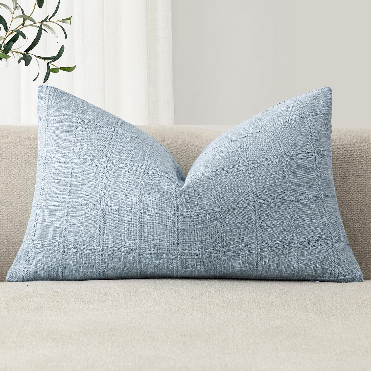 Foindtower Set of 1 Decorative Linen Check Throw Pillow Cover Neutral Farmhouse Lumbar Cushion Cover Modern Boho Home Decor for Sofa Chair Couch Bedroom Living Room,12×20 Inch,Natural Beige