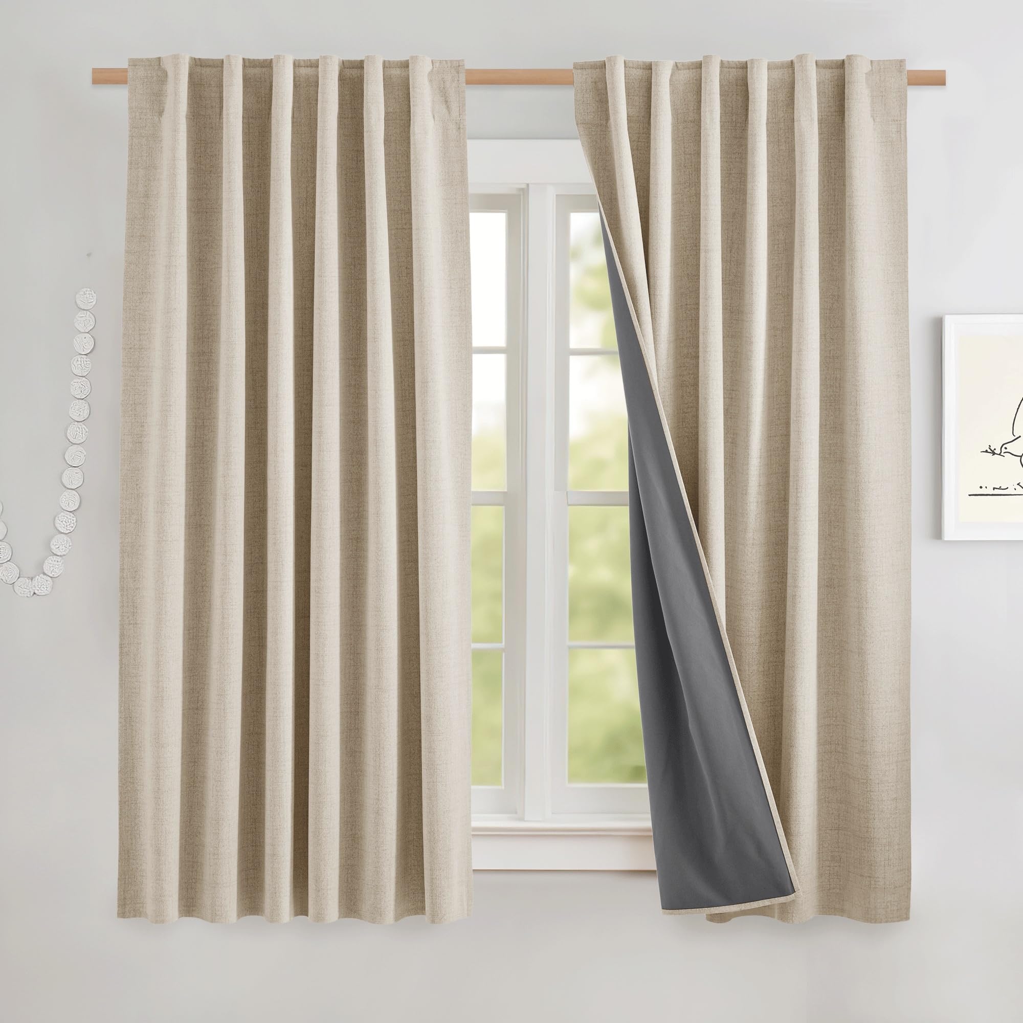 NICETOWN 100% Blackout Linen Curtains 90" Long for Bedroom, Thermal Insulated Living Room Curtains with Liner, Farmhouse Style Linen Blend Window Draperies for Dining Room (2 Panels, 52" W, Natural)