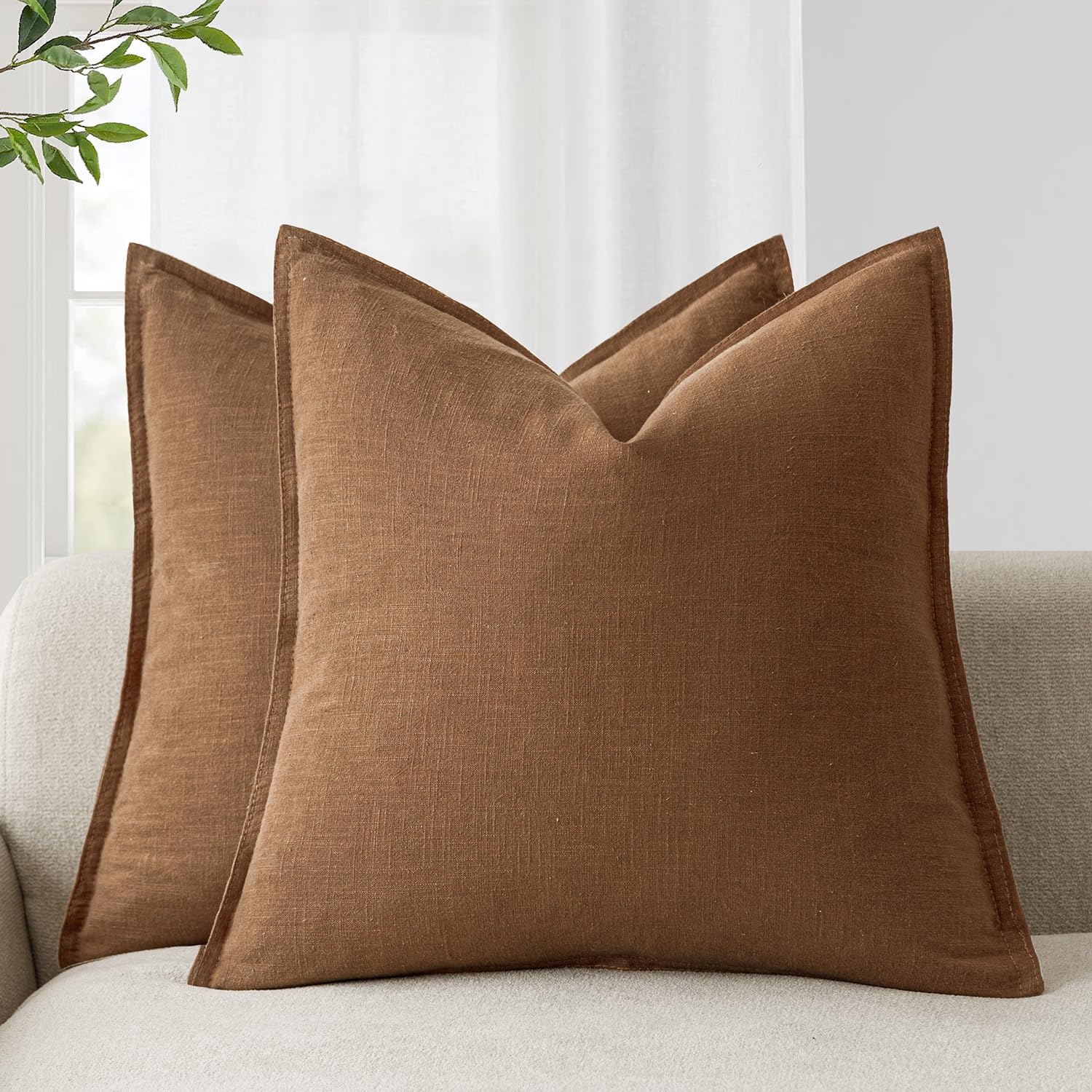 Foindtower Pack of 2, Decorative Linen Soild Throw Pillow Covers Soft Accent Cushion Case Boho Farmhouse Neutral Pillowcase for Couch Sofa Bedroom Living Room Home Decor 20 x 20 Inch Natural Beige