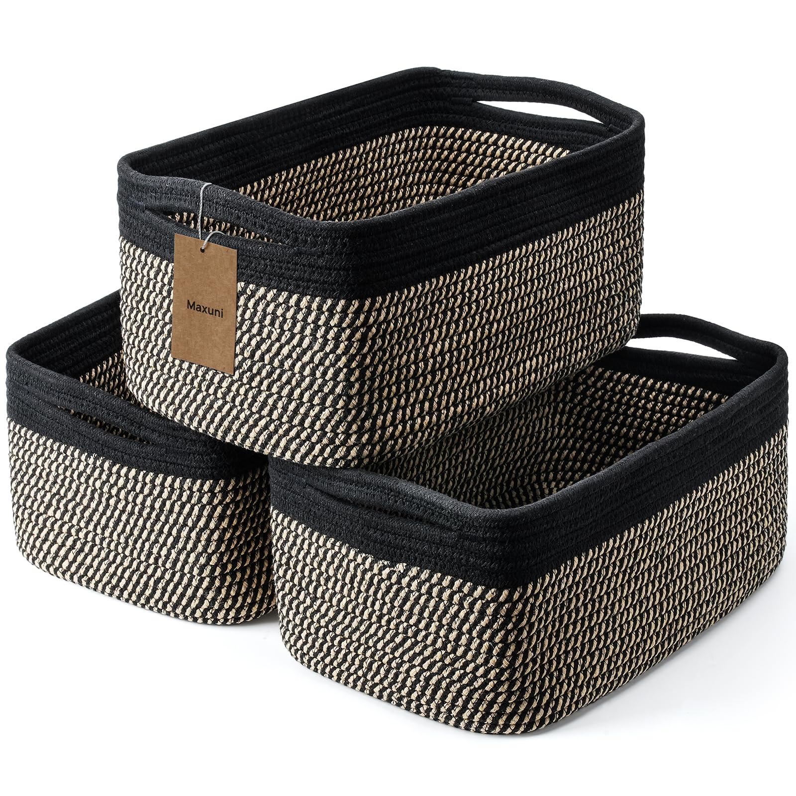 3-Pack Small Storage Baskets for Organizing | Woven Shelf Toy Basket | Rope Baskets for Gifts Empty | Closet Organizer Bins with Handles | Cube Decorative Box | 11.8×7.8×5.1” | Mixed brown