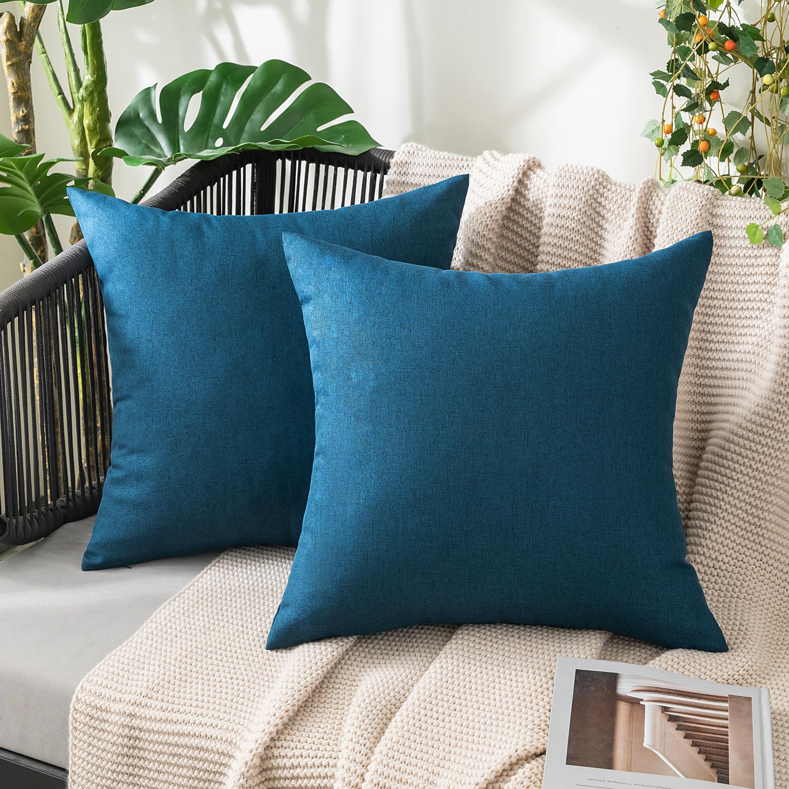 MIULEE Pack of 2 Decorative Outdoor Solid Waterproof Throw Pillow Covers Faux Linen Garden Farmhouse Cushion Cases for Patio Tent Balcony Couch Sofa 18x18 Inch Beige