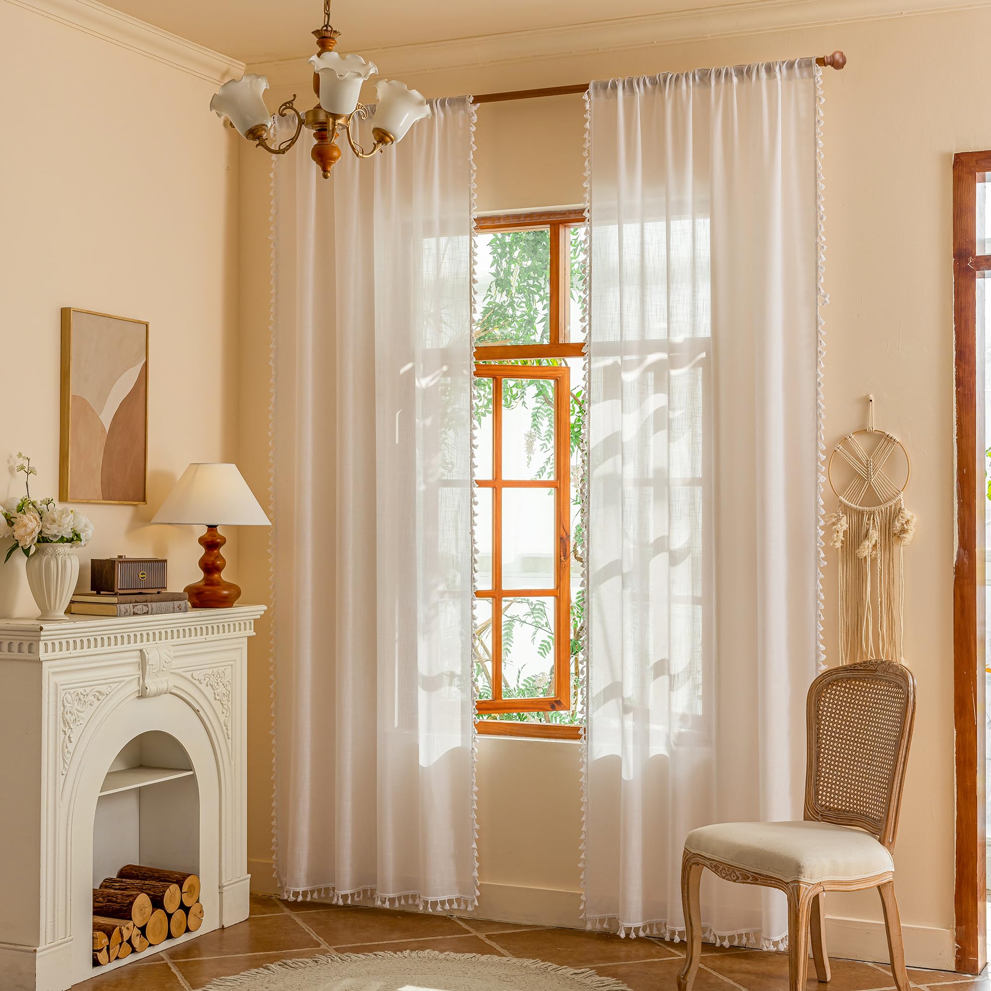 MYSKY HOME Linen Curtains for Living Room, Natural Semi Sheer Curtains & Drapes 84 inches Length 2 Panels Set Farmhouse Country Boho Style Back Tab Draperies for Sliding Glass Door, 50" Wide, Linen
