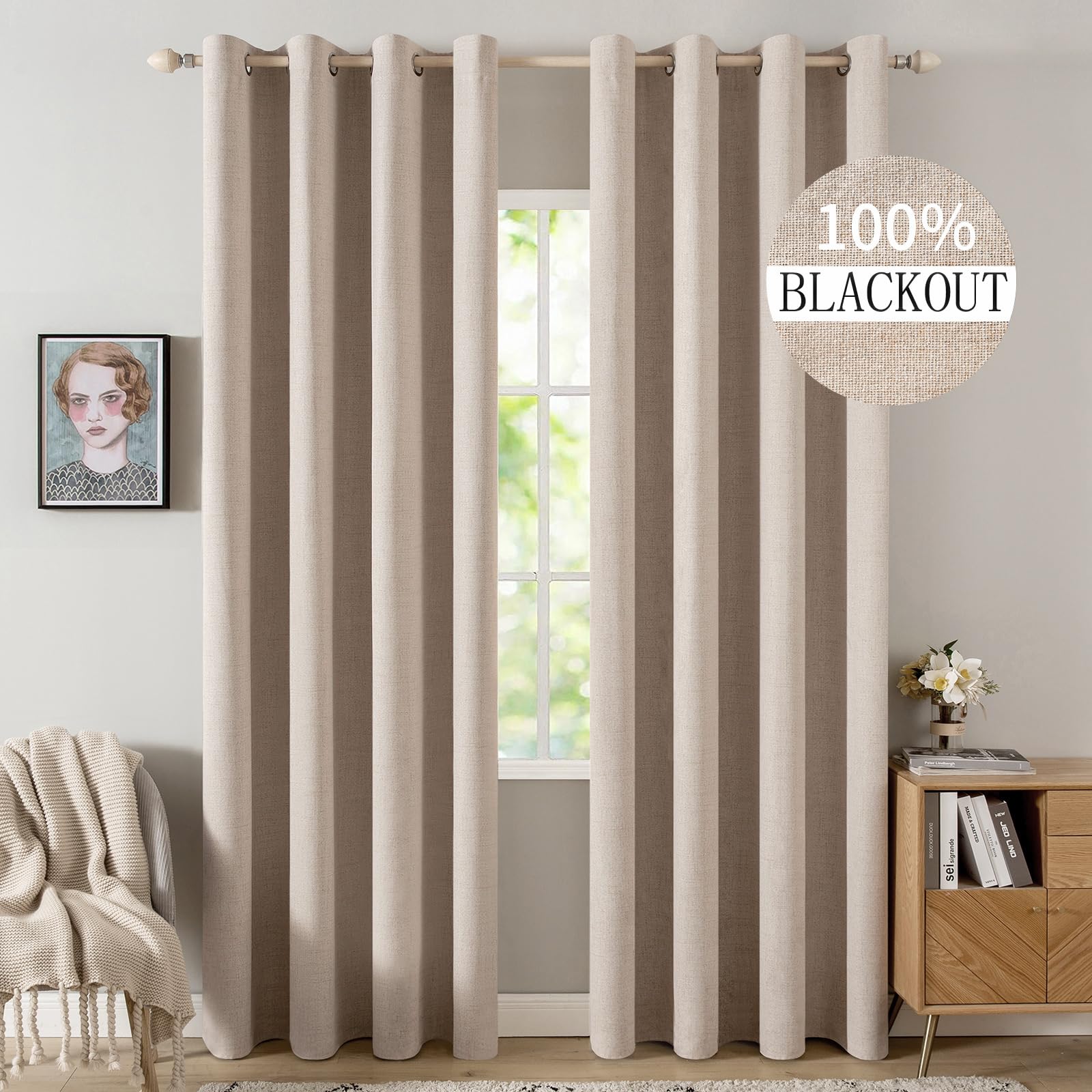 MIULEE 100% Blackout Linen Textured Curtains for Bedroom Solid Thermal Insulated Natural Beige Grommet Room Darkening Curtains & Drapes Luxury Decor for Living Room Nursery 52 x 84 Inch (2 Panels)