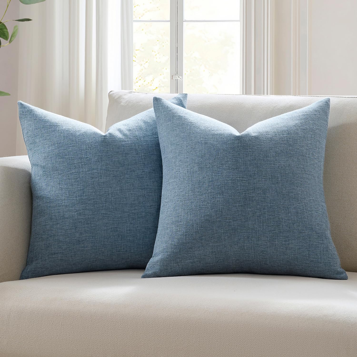 Meekio Set of 2 Ivory Throw Pillow Covers 18x18, Modern Farmhouse Linen Blend Decorative Pillow Covers for Couch Sofa Bed, Neutral Home Decor