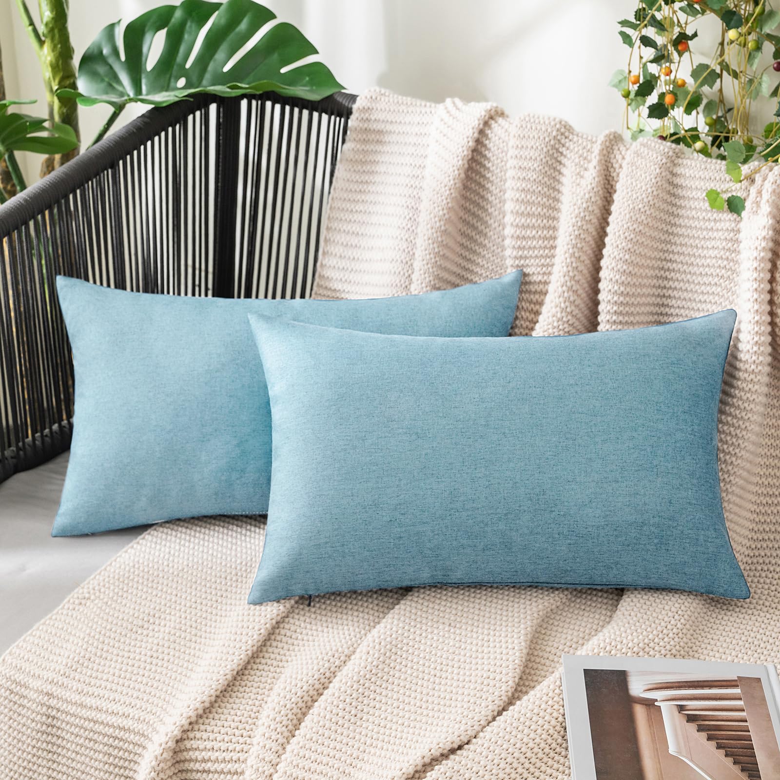 MIULEE Pack of 2 Decorative Outdoor Solid Waterproof Throw Pillow Covers Faux Linen Garden Farmhouse Cushion Cases for Patio Tent Balcony Couch Sofa 18x18 Inch Beige