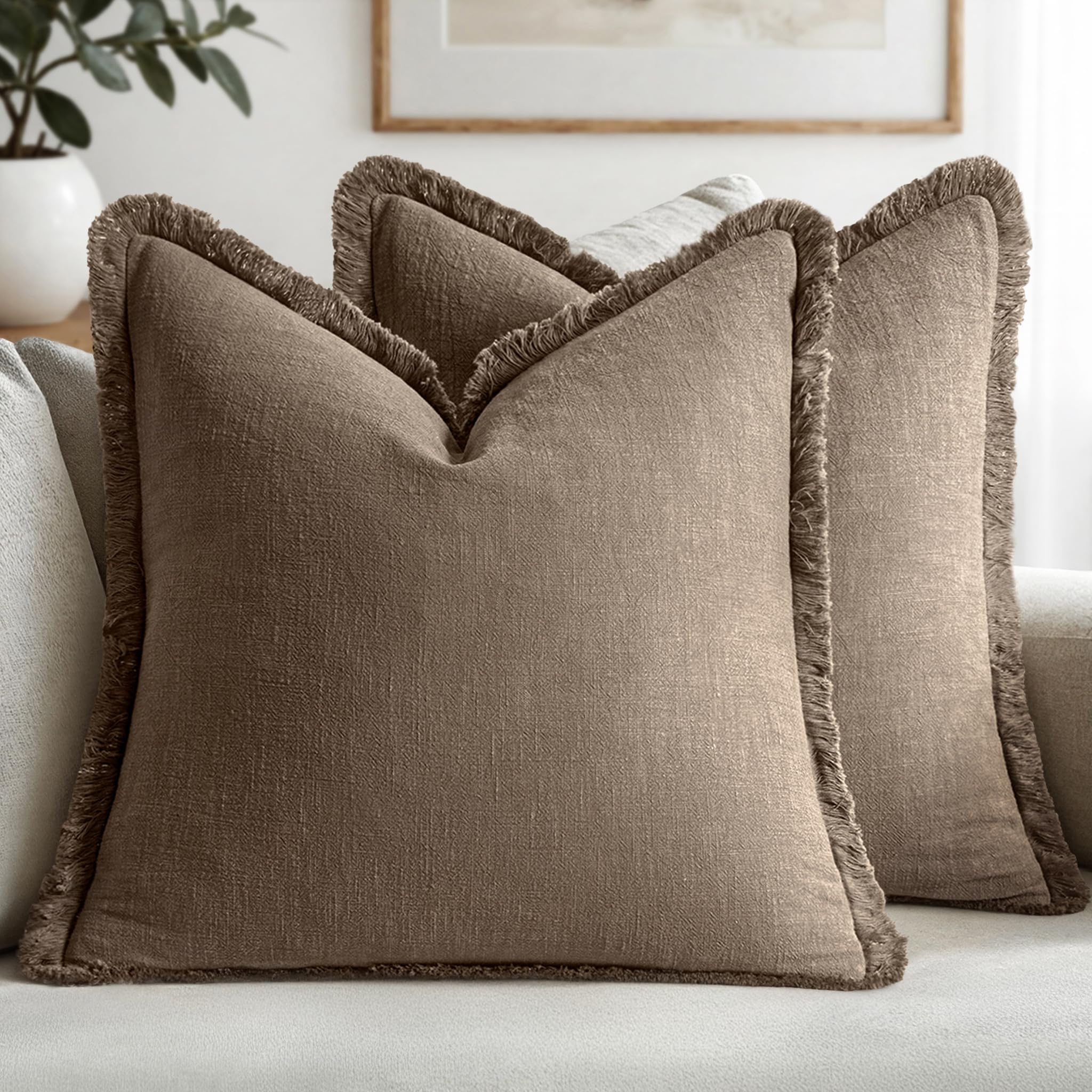 MIULEE Decorative Throw Pillow Covers Neutral Linen Fringe Throw Pillows Set of 2 Natural Beige Boho Farmhouse Cushion Cases with Tassels for Couch Sofa Bed Living Room Spring Decor 18x18 Inch