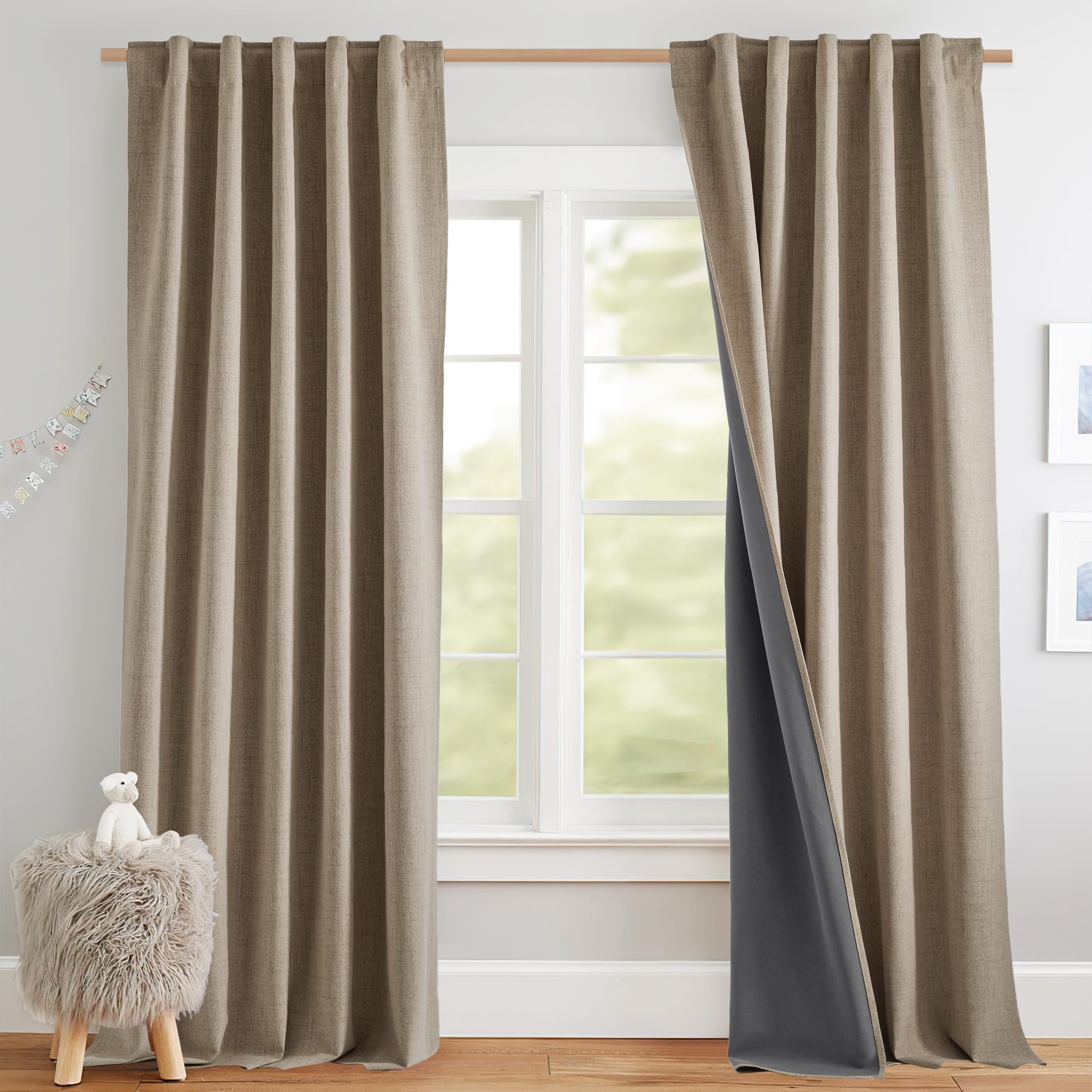 NICETOWN 100% Blackout Linen Curtains 90" Long for Bedroom, Thermal Insulated Living Room Curtains with Liner, Farmhouse Style Linen Blend Window Draperies for Dining Room (2 Panels, 52" W, Natural)