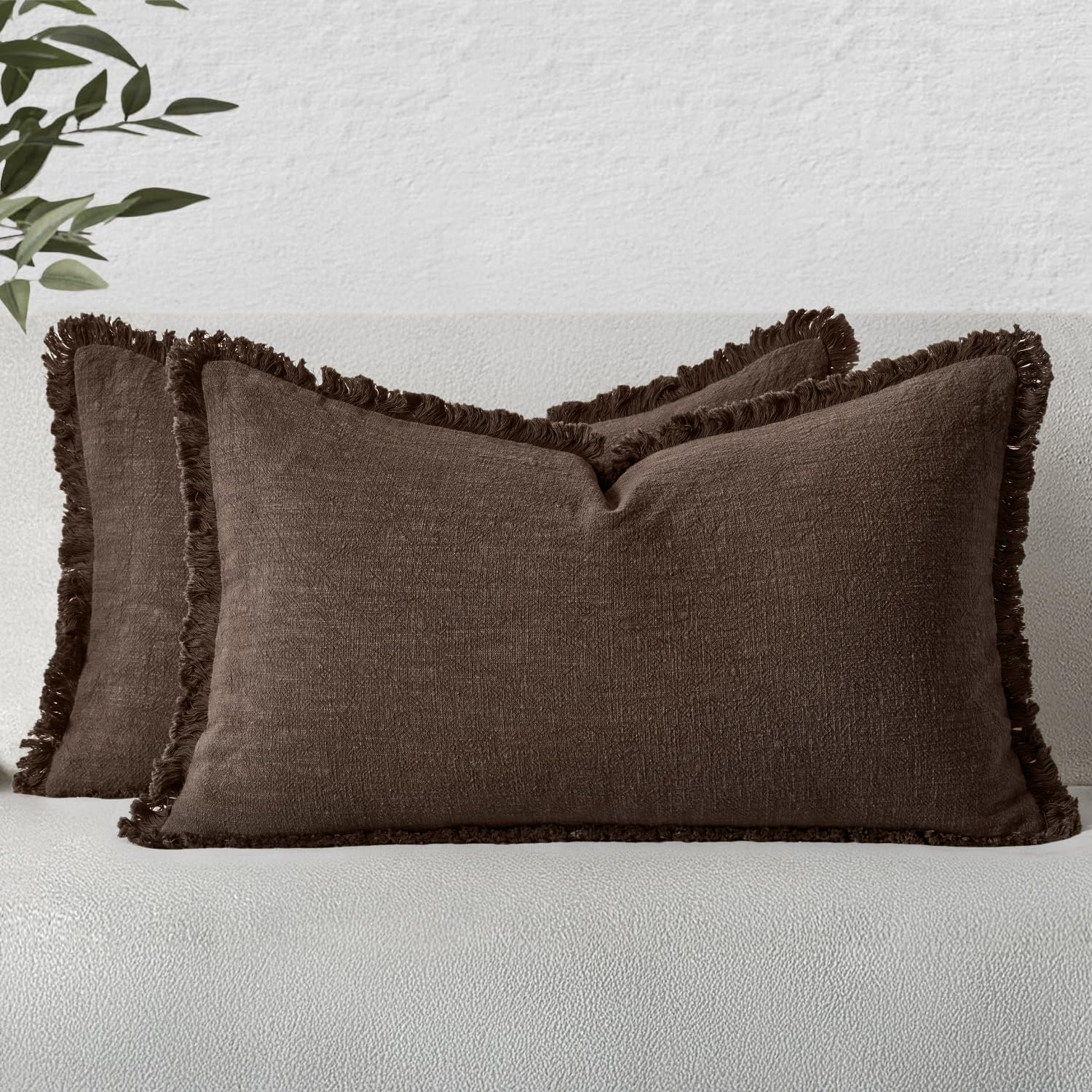 MIULEE Decorative Throw Pillow Covers Neutral Linen Fringe Throw Pillows Set of 2 Natural Beige Boho Farmhouse Cushion Cases with Tassels for Couch Sofa Bed Living Room Spring Decor 18x18 Inch