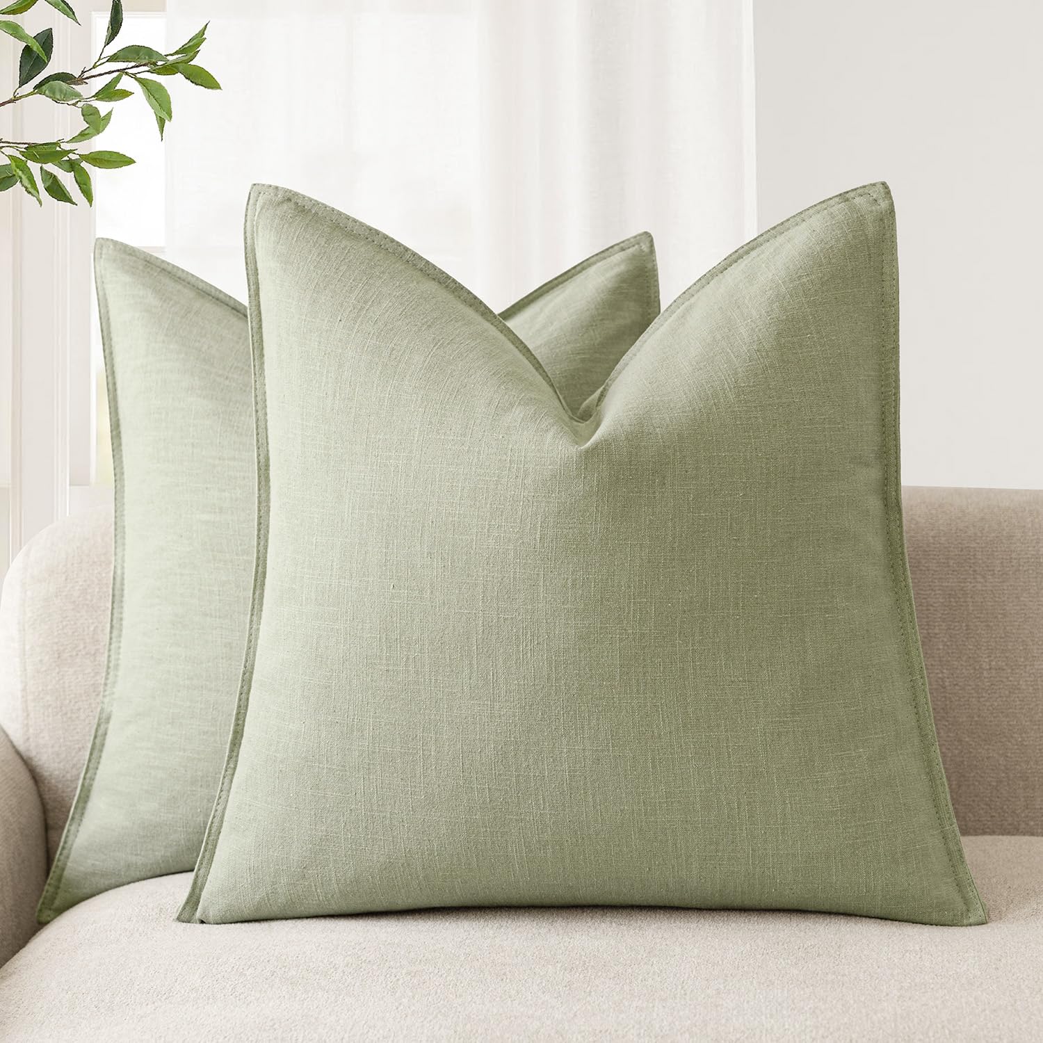 Foindtower Pack of 2, Decorative Linen Soild Throw Pillow Covers Soft Accent Cushion Case Boho Farmhouse Neutral Pillowcase for Couch Sofa Bedroom Living Room Home Decor 18 x 18 Inch Natural Beige
