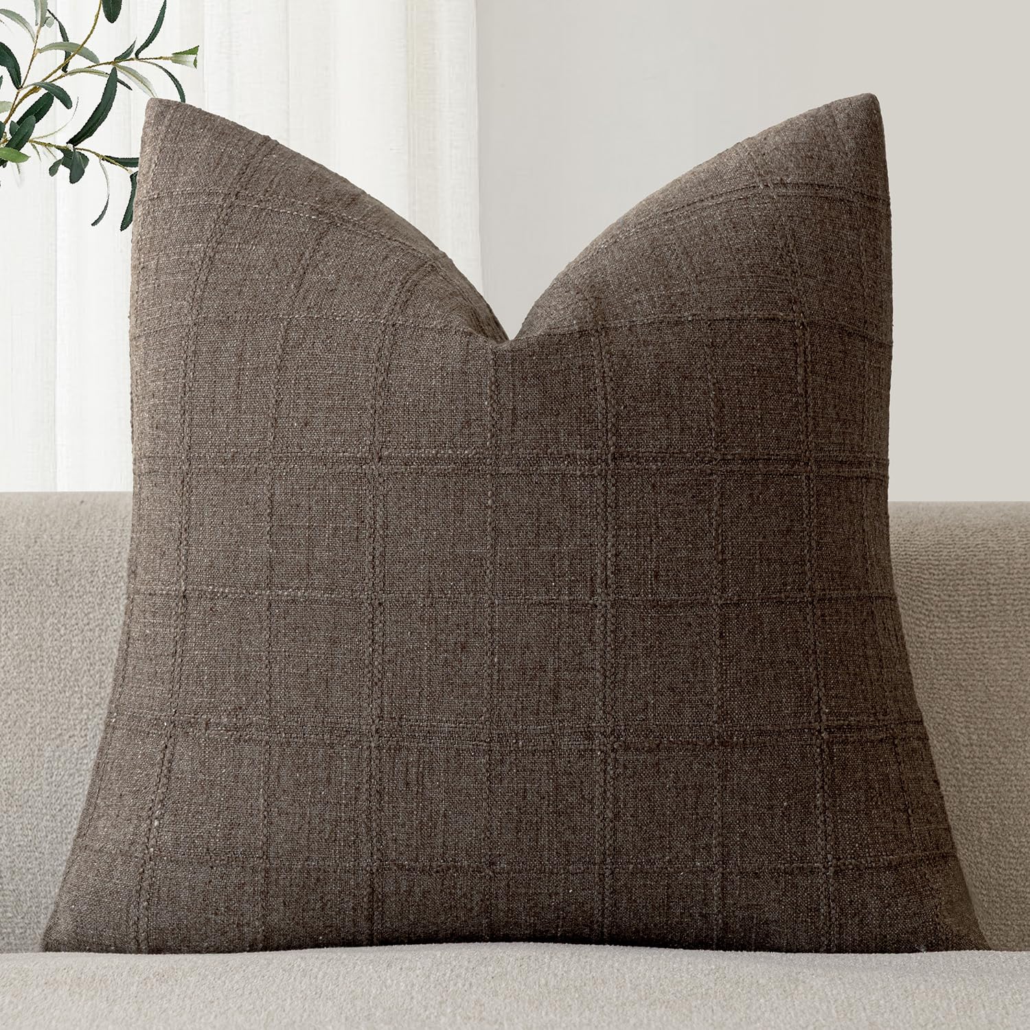 Foindtower Set of 1 Decorative Linen Check Throw Pillow Cover Neutral Farmhouse Lumbar Cushion Cover Modern Boho Home Decor for Sofa Chair Couch Bedroom Living Room,12×20 Inch,Natural Beige
