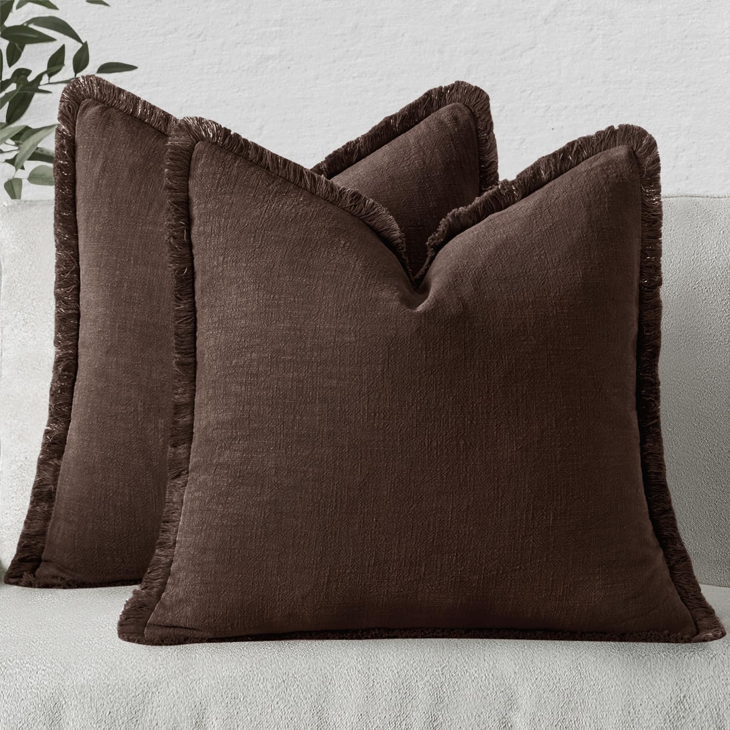 MIULEE Decorative Throw Pillow Covers Neutral Linen Fringe Throw Pillows Set of 2 Natural Beige Boho Farmhouse Cushion Cases with Tassels for Couch Sofa Bed Living Room Spring Decor 18x18 Inch