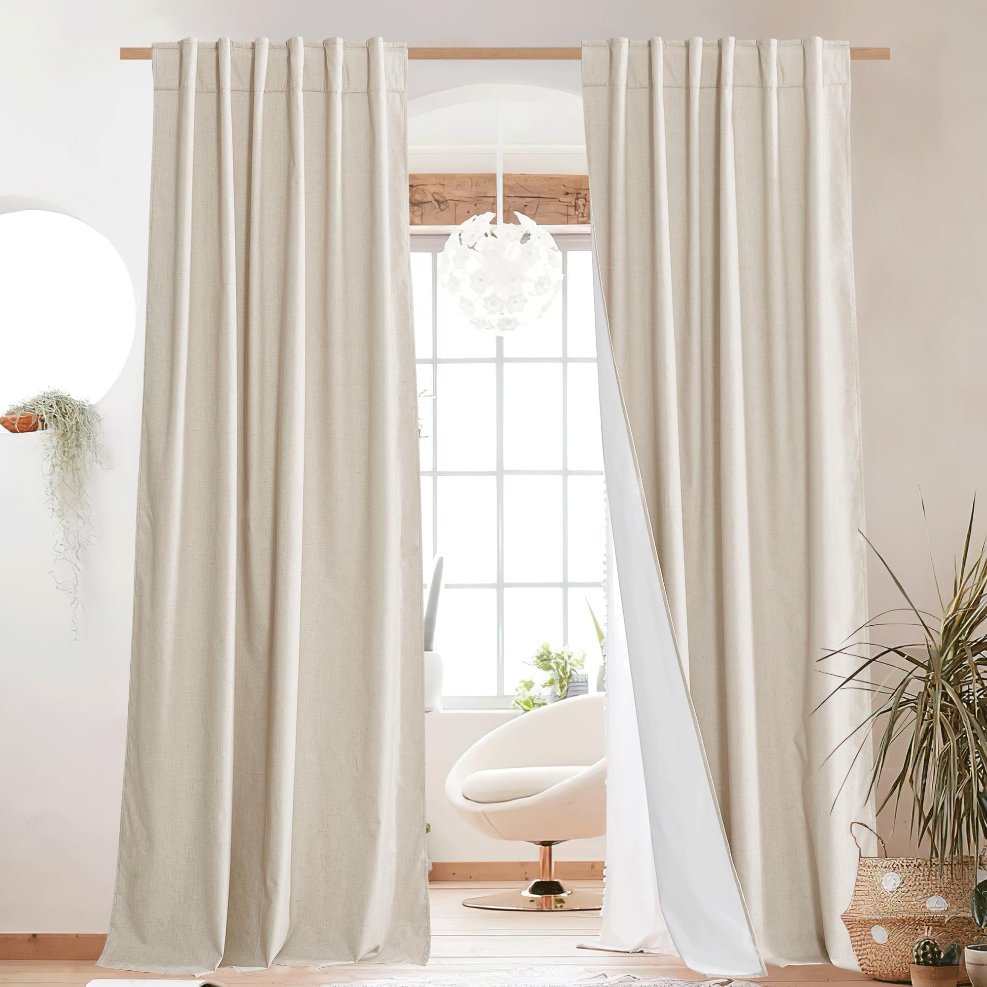 NICETOWN 100% Blackout Linen Curtains 90" Long for Bedroom, Thermal Insulated Living Room Curtains with Liner, Farmhouse Style Linen Blend Window Draperies for Dining Room (2 Panels, 52" W, Natural)