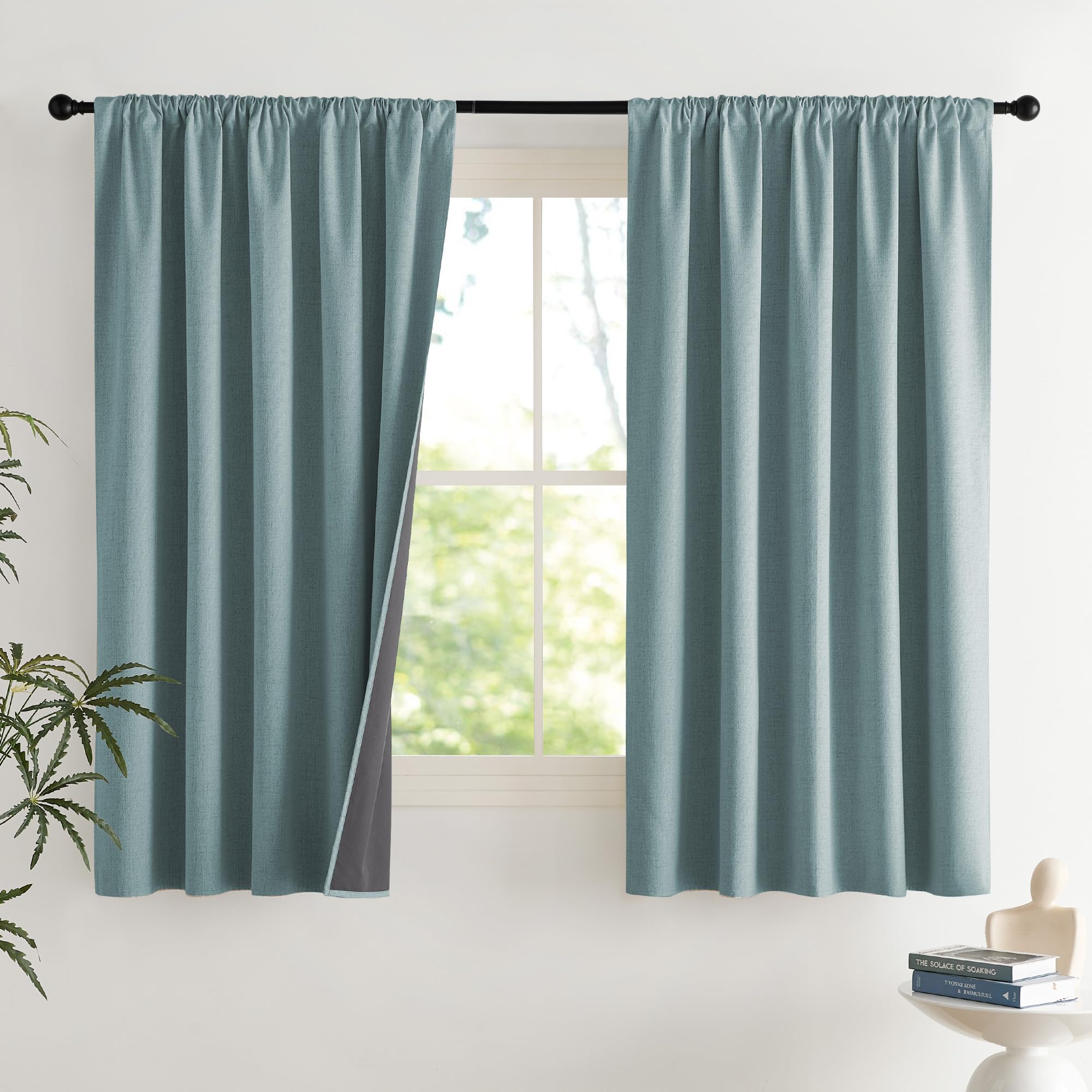 NICETOWN 100% Blackout Linen Curtains 90" Long for Bedroom, Thermal Insulated Living Room Curtains with Liner, Farmhouse Style Linen Blend Window Draperies for Dining Room (2 Panels, 52" W, Natural)