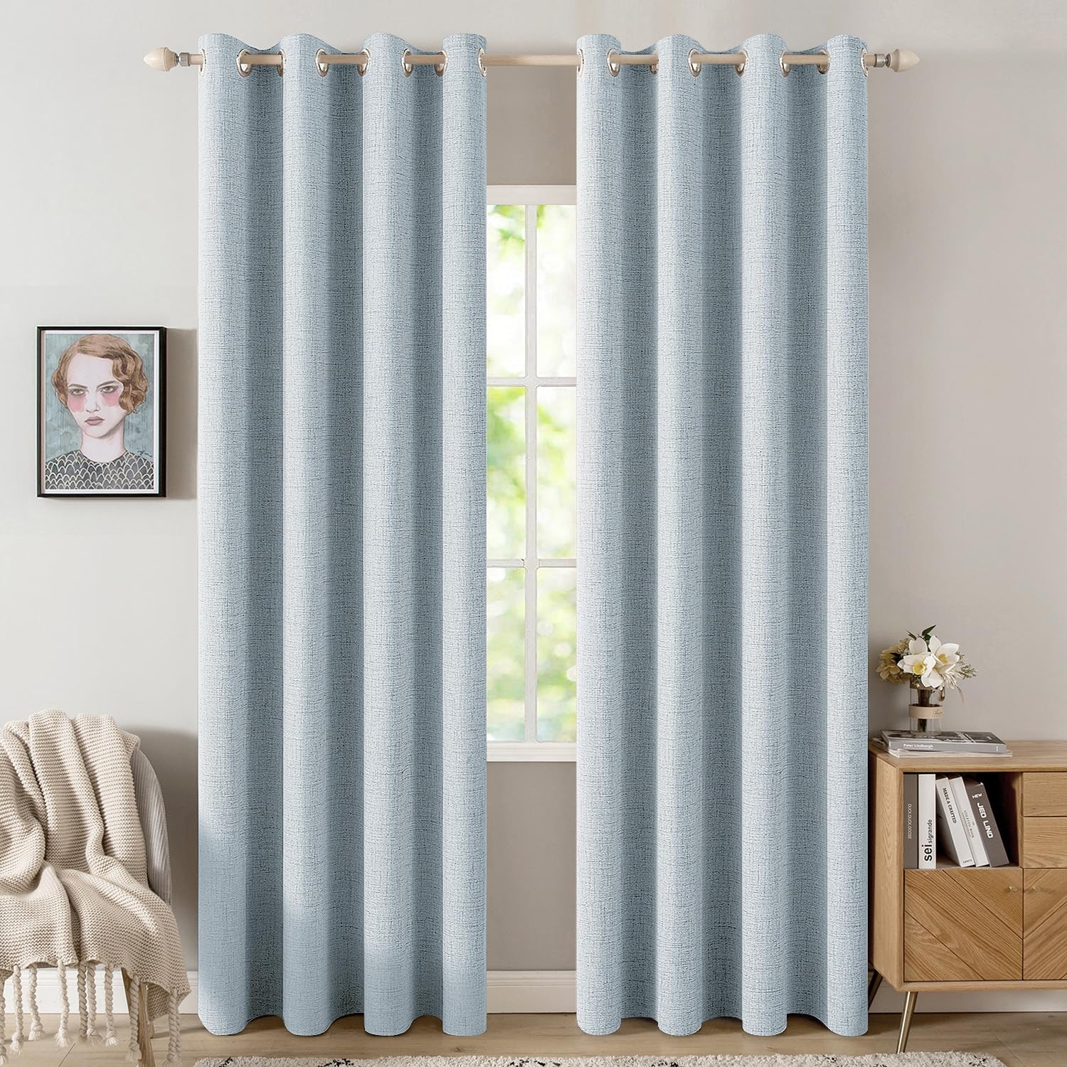 MIULEE 100% Blackout Linen Textured Curtains for Bedroom Solid Thermal Insulated Natural Beige Grommet Room Darkening Curtains & Drapes Luxury Decor for Living Room Nursery 52 x 84 Inch (2 Panels)