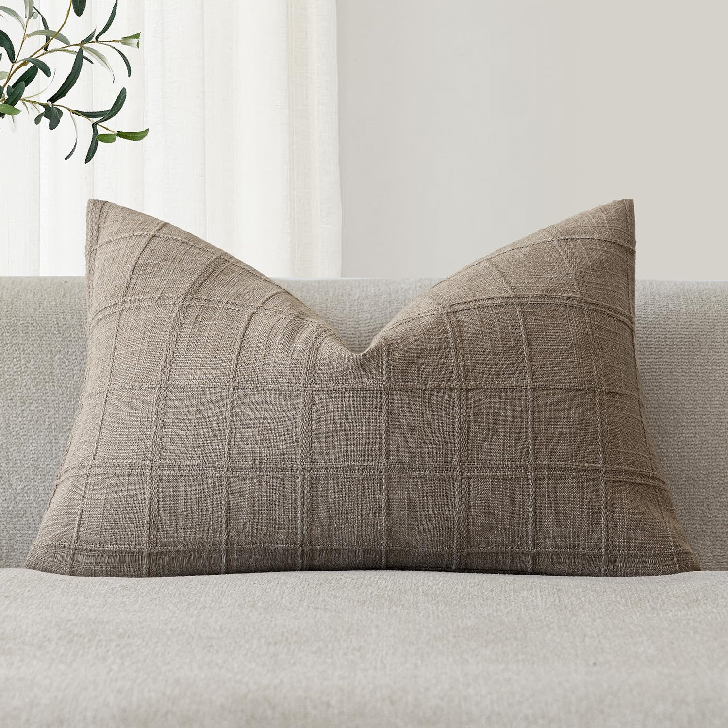 Foindtower Set of 1 Decorative Linen Check Throw Pillow Cover Neutral Farmhouse Lumbar Cushion Cover Modern Boho Home Decor for Sofa Chair Couch Bedroom Living Room,12×20 Inch,Natural Beige