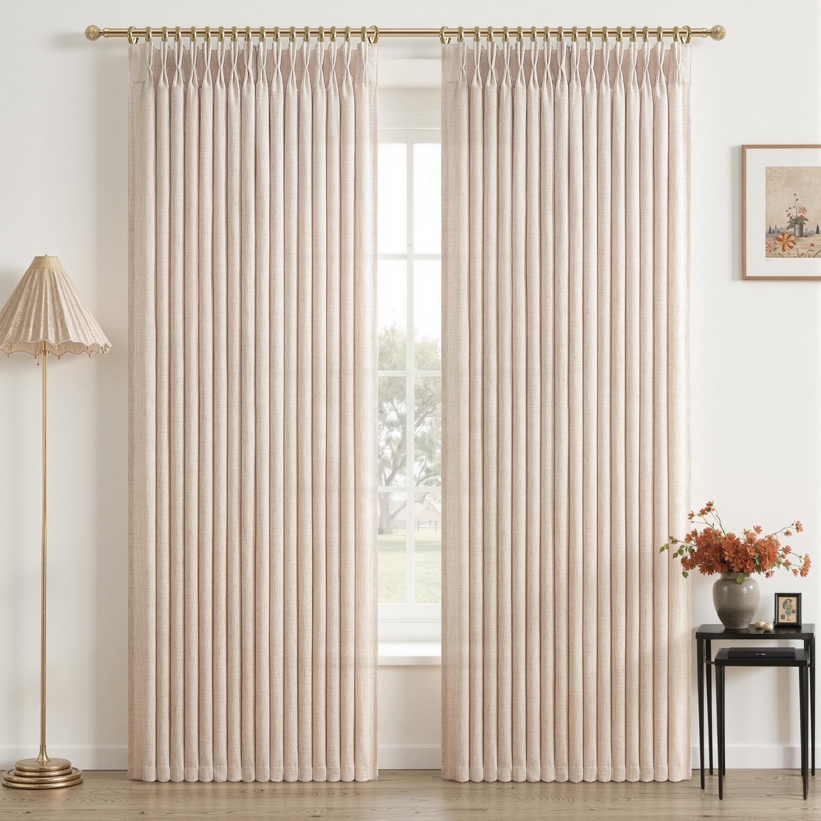 Pinch Pleated Linen 50 Inch Wide Curtains 96 Inches Long for Living Room, Memory Trained Pleat Boho Semi Sheer Birch Light Filtering Privacy Drapes 50x96 Inch Length 2 Panels Set Curtain Cream Ivory