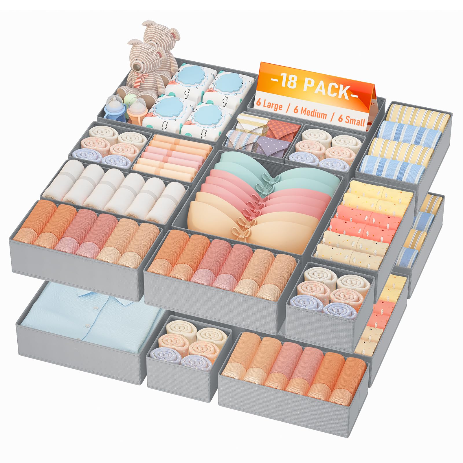 DIMJ Drawer Organizer Clothes Storage - 18 Pack Baby Dresser Organizer for Nursery, Foldable Closet Drawer Organizer Bins for Bedroom Organization, Fabric Storage Dividers for Socks, Underwears, Bras