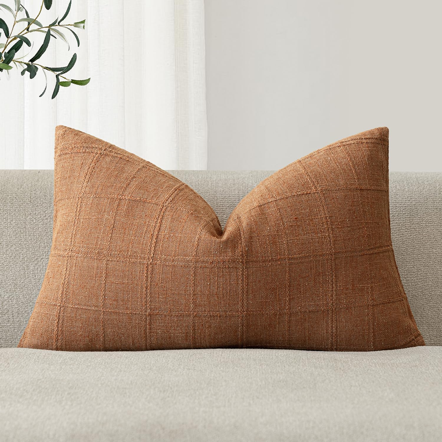 Foindtower Set of 1 Decorative Linen Check Throw Pillow Cover Neutral Farmhouse Lumbar Cushion Cover Modern Boho Home Decor for Sofa Chair Couch Bedroom Living Room,12×20 Inch,Natural Beige