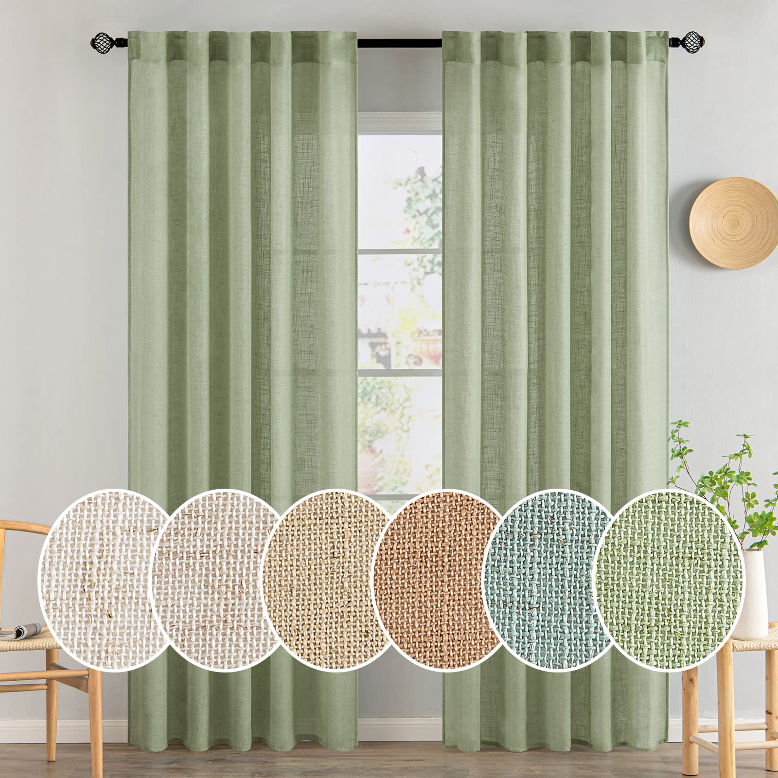 MIULEE Natural White Linen Curtains 84 Inch Long for Bedroom Living Room, Soft Thick Linen Textured Window Drapes Semi Sheer Light Filtering Rod Pocket Back Tab Neutral Farmhouse Cream Ivory 2 Panels