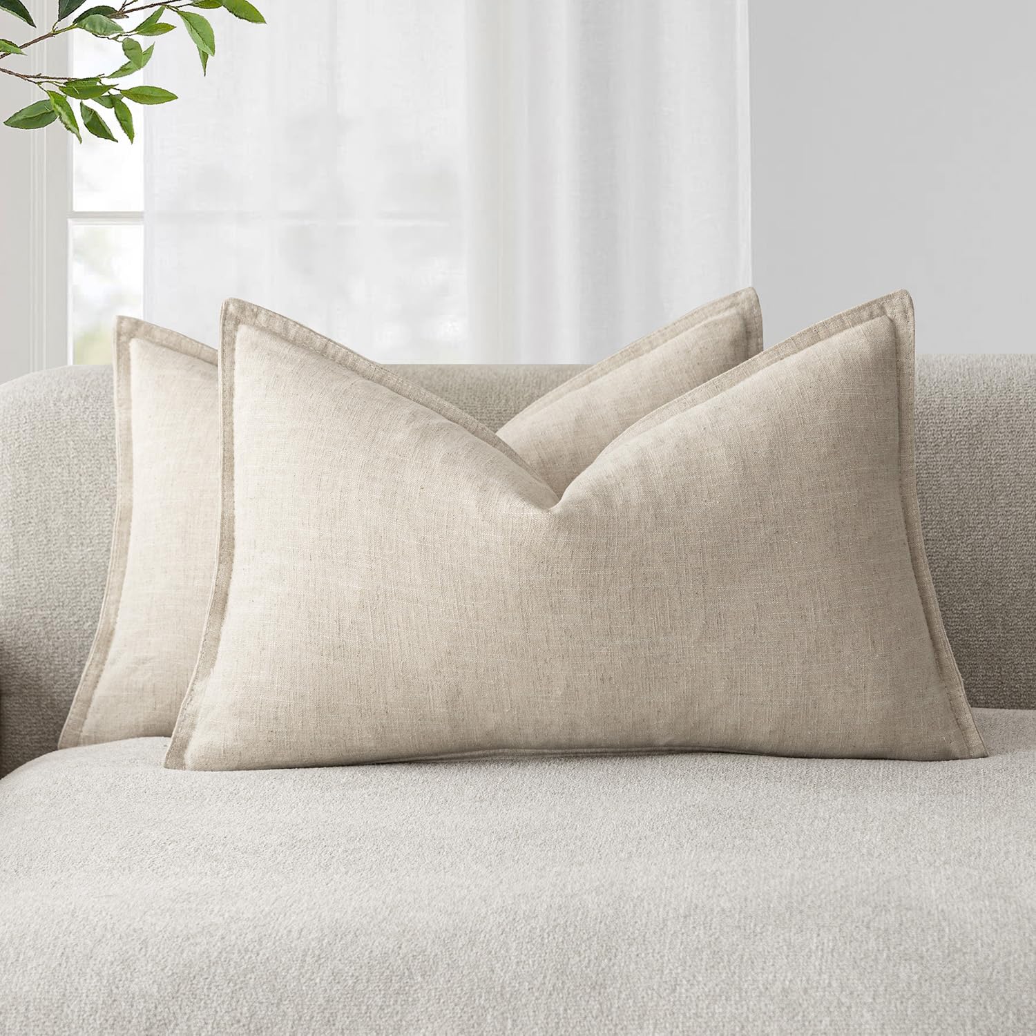 Foindtower Pack of 2, Decorative Linen Soild Throw Pillow Covers Soft Accent Cushion Case Boho Farmhouse Neutral Pillowcase for Couch Sofa Bedroom Living Room Home Decor 18 x 18 Inch Natural Beige