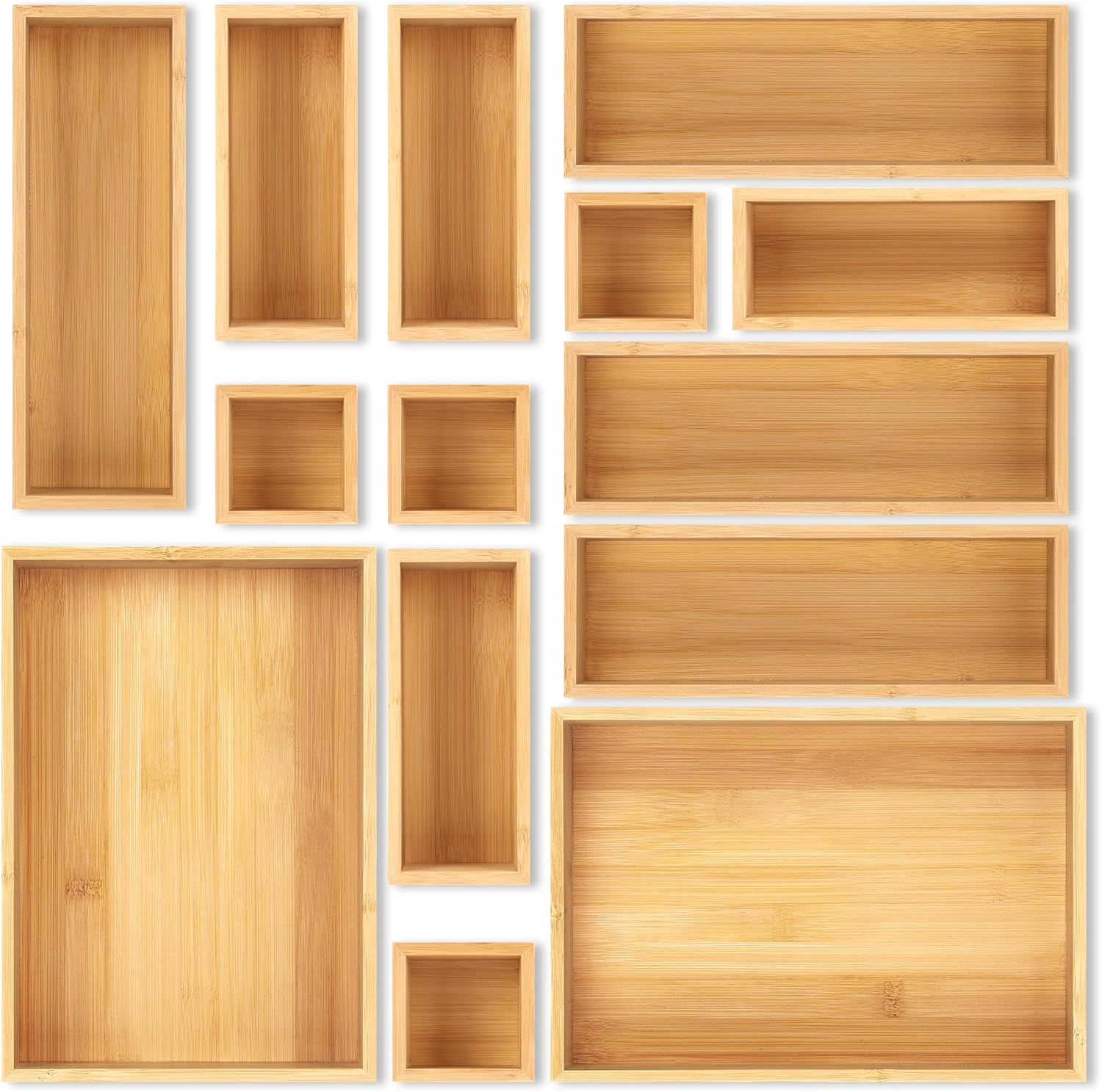 Bamboo Drawer Organizer Set, 5 PCS Multi-Use Individual Wood Storage Organizers, Junk Drawer Divider and Storage Trays Containers for Kitchen, Bathroom, Office Desk, Makeup, Jewelry, Utensils