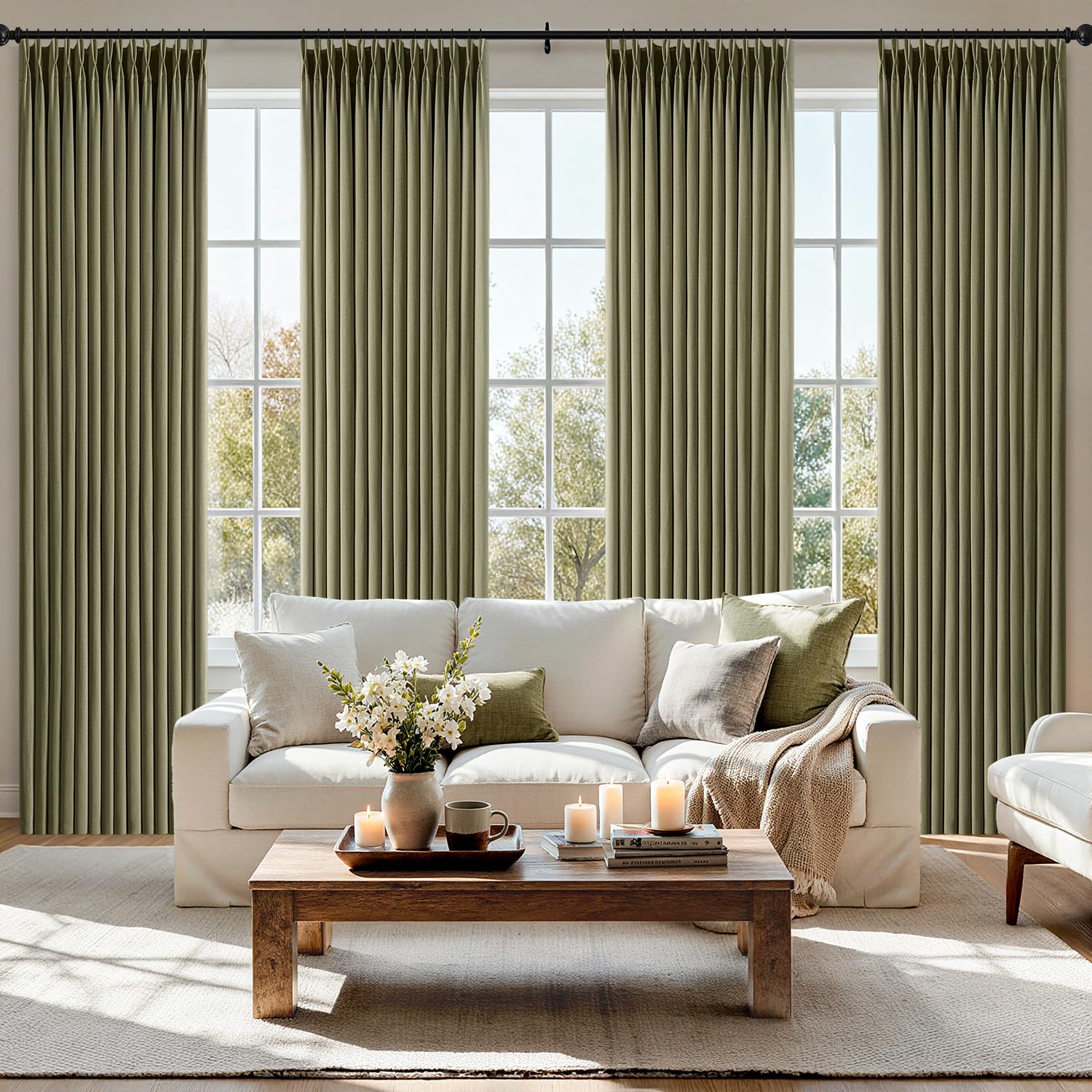 MIULEE Pinch Pleated Thick Linen Curtains 90 Inches 4 Panels Set Ivory Cream Back Tab Memory Trained Pinch Pleat Semi Sheer Light Filtering Privacy Curtains Window Drapes for Living Room Bedroom Birch