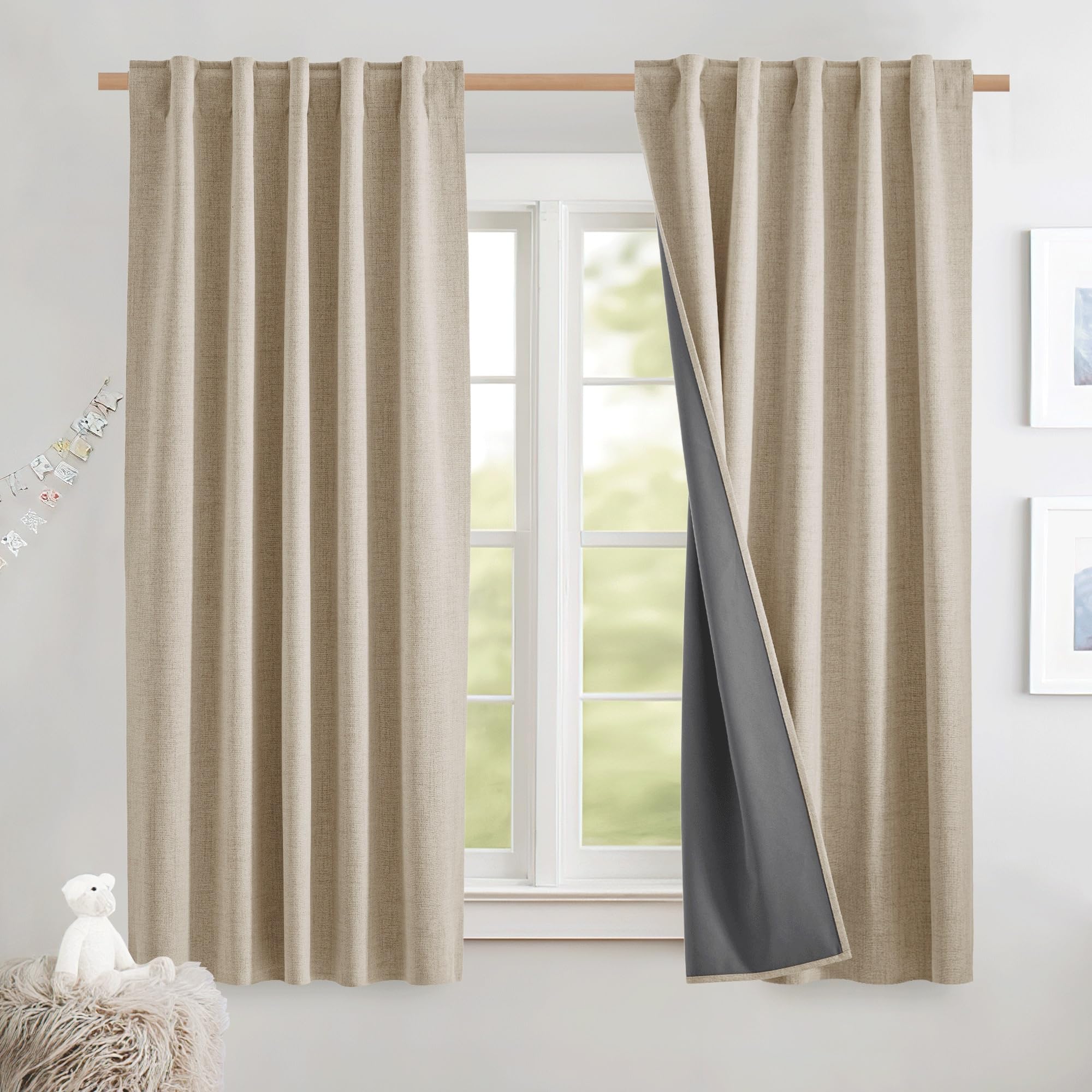 NICETOWN 100% Blackout Linen Curtains 90" Long for Bedroom, Thermal Insulated Living Room Curtains with Liner, Farmhouse Style Linen Blend Window Draperies for Dining Room (2 Panels, 52" W, Natural)