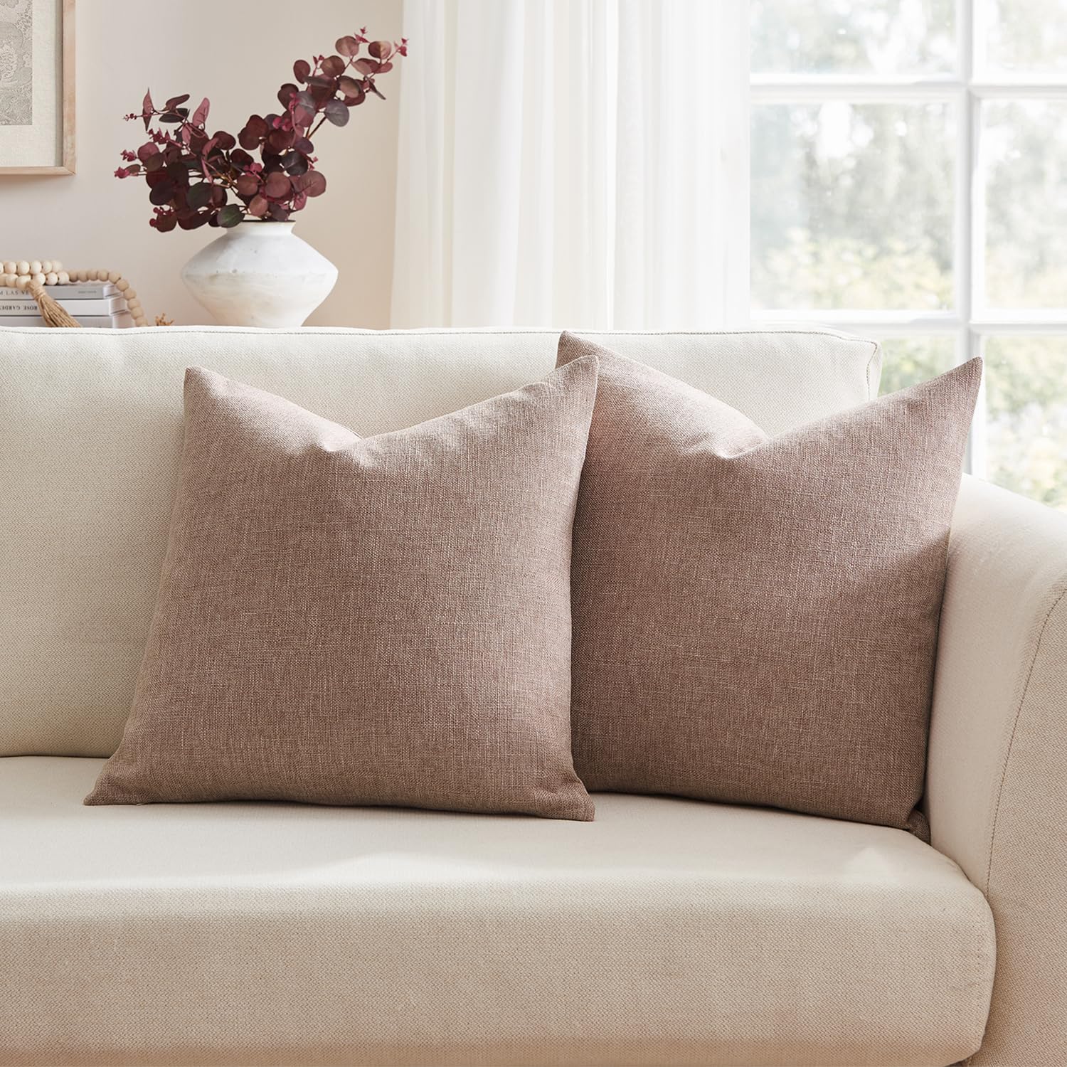 Meekio Set of 2 Ivory Throw Pillow Covers 18x18, Modern Farmhouse Linen Blend Decorative Pillow Covers for Couch Sofa Bed, Neutral Home Decor
