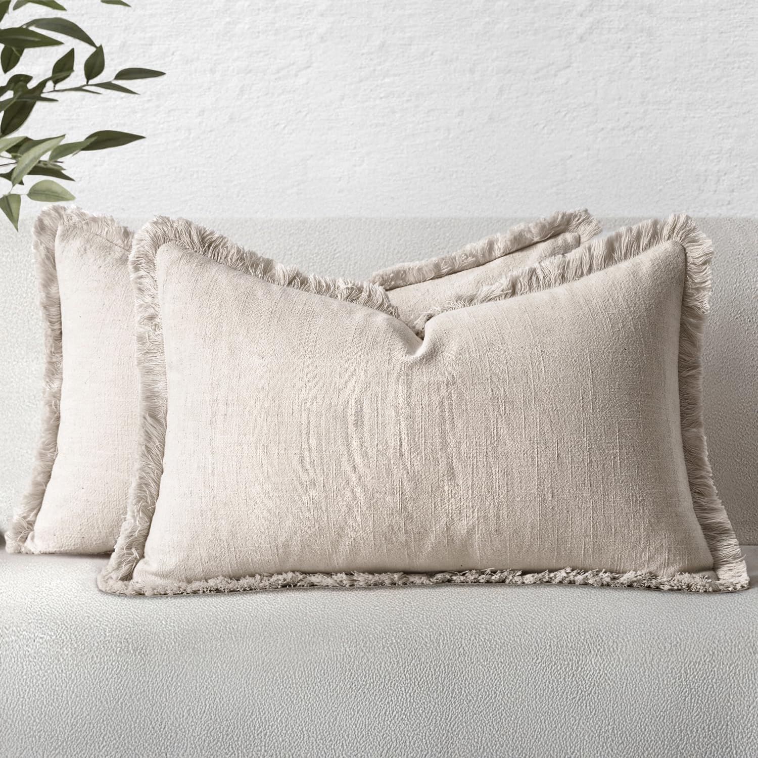 MIULEE Decorative Throw Pillow Covers Neutral Linen Fringe Throw Pillows Set of 2 Natural Beige Boho Farmhouse Cushion Cases with Tassels for Couch Sofa Bed Living Room Spring Decor 18x18 Inch
