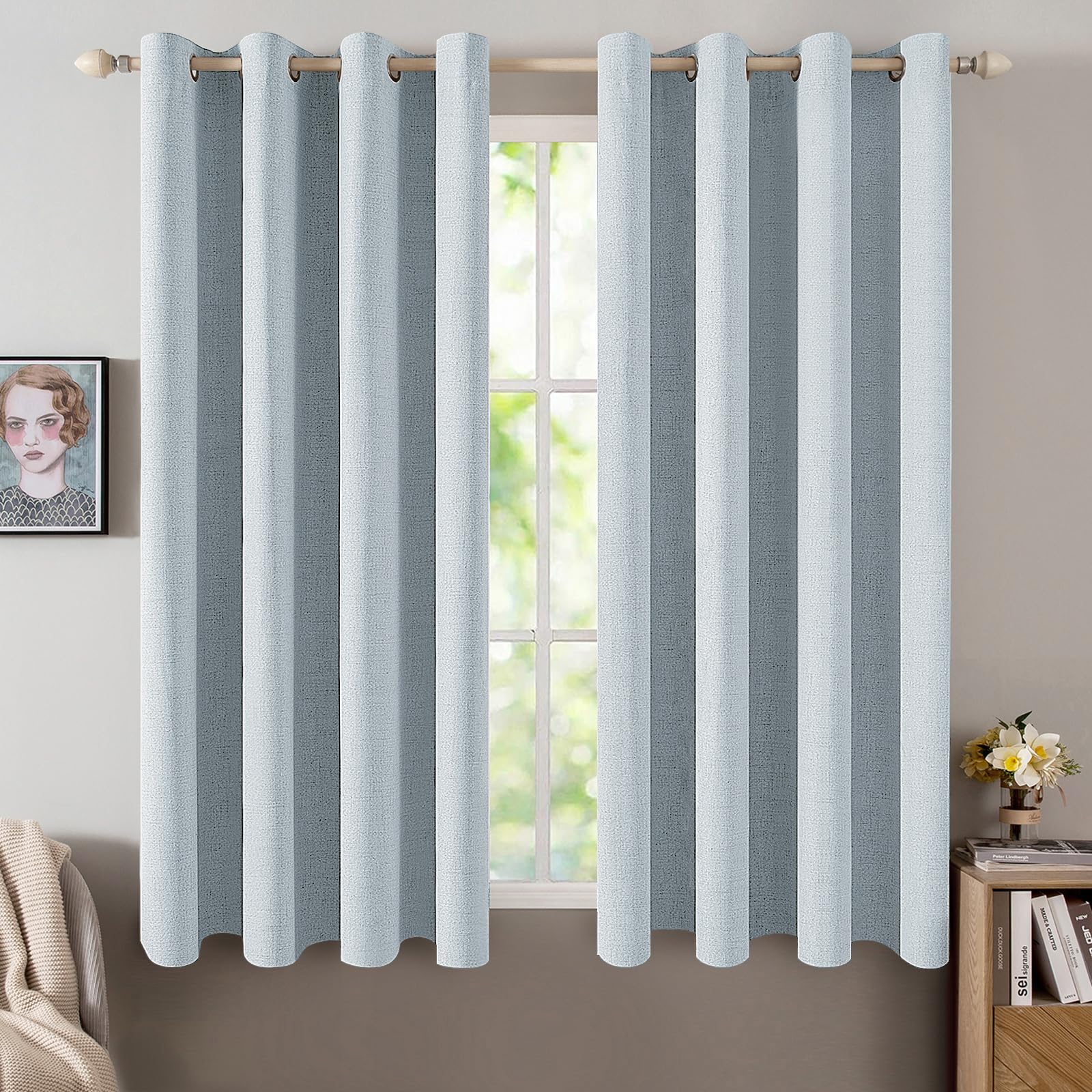 MIULEE 100% Blackout Linen Textured Curtains for Bedroom Solid Thermal Insulated Natural Beige Grommet Room Darkening Curtains & Drapes Luxury Decor for Living Room Nursery 52 x 84 Inch (2 Panels)