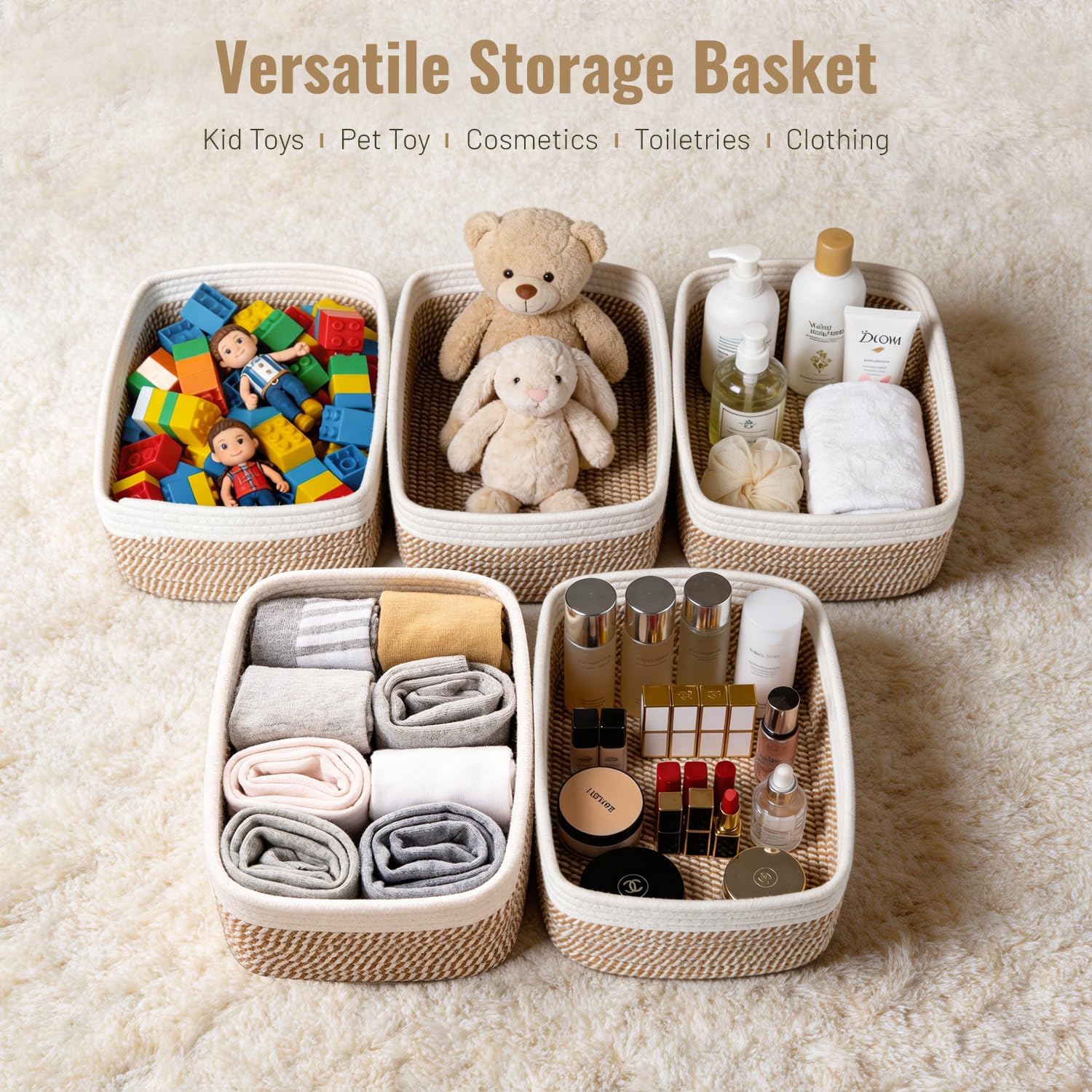 5 Pack Small Woven Storage Baskets for Shelves, Cotton Rope Baskets Organizer for Bathroom, Closet & Nursery, Decorative Storage Bins for Organizing Socks, Toys, 11.8"x7.9"x4.7", Khaki/White